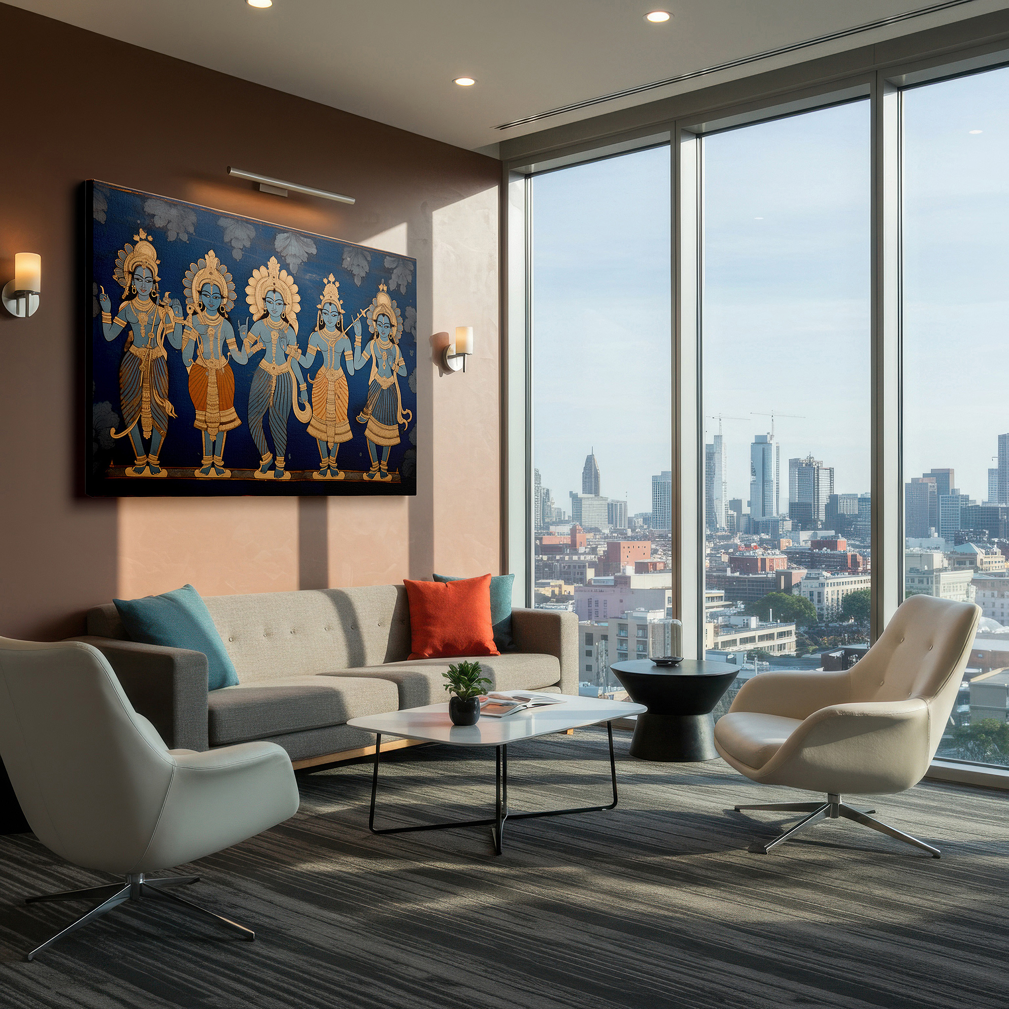 At 60×40 cm, this format fits effortlessly over dressers or benches — divine figures and celestial myths on a rich blue background: large canvas wall art for office, bedroom, and living room decor
