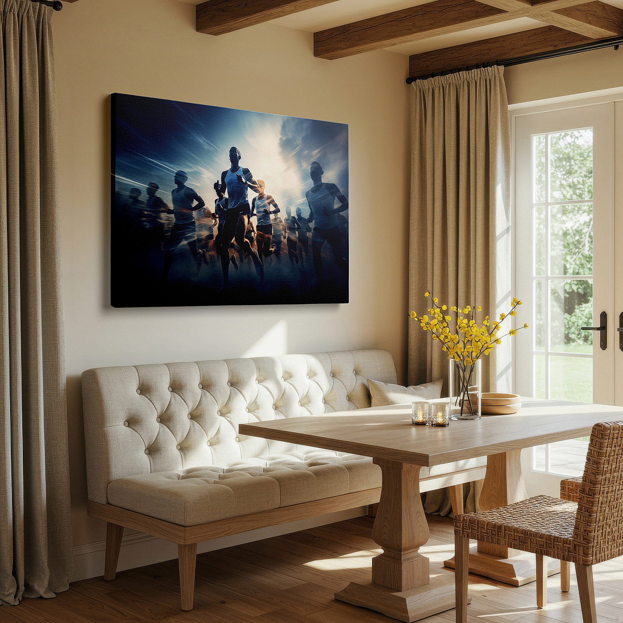 At 60×40 cm, this format fits effortlessly over dressers or benches — dynamic athleticism in motion: celebrating speed and team spirit - large canvas wall art for office decor