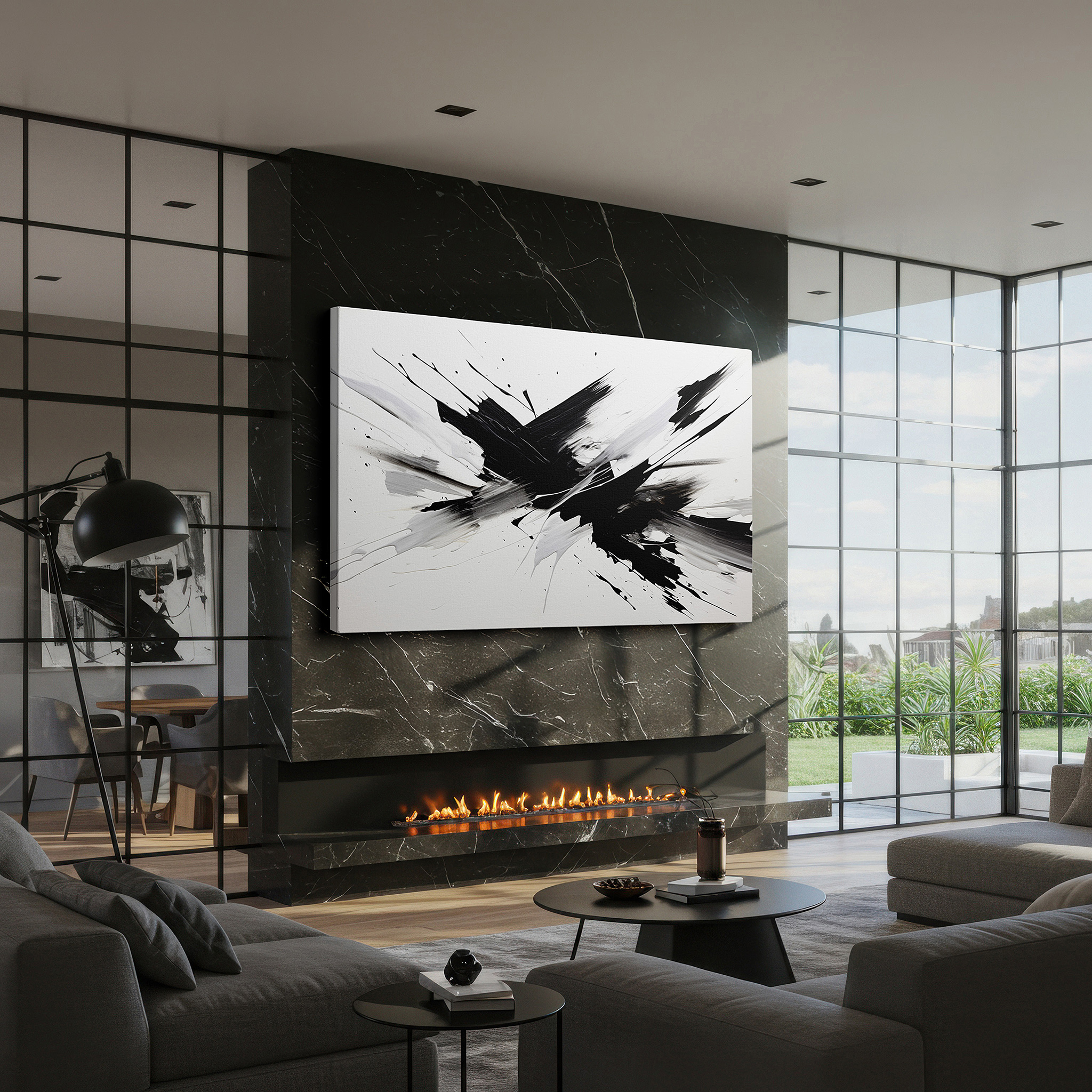 At 60×40 cm, this format fits effortlessly over dressers or benches — dynamic black and white abstract expressionism artwork, embodying emotional turmoil and motion, ideal for large wall decor, canvas art for home and office