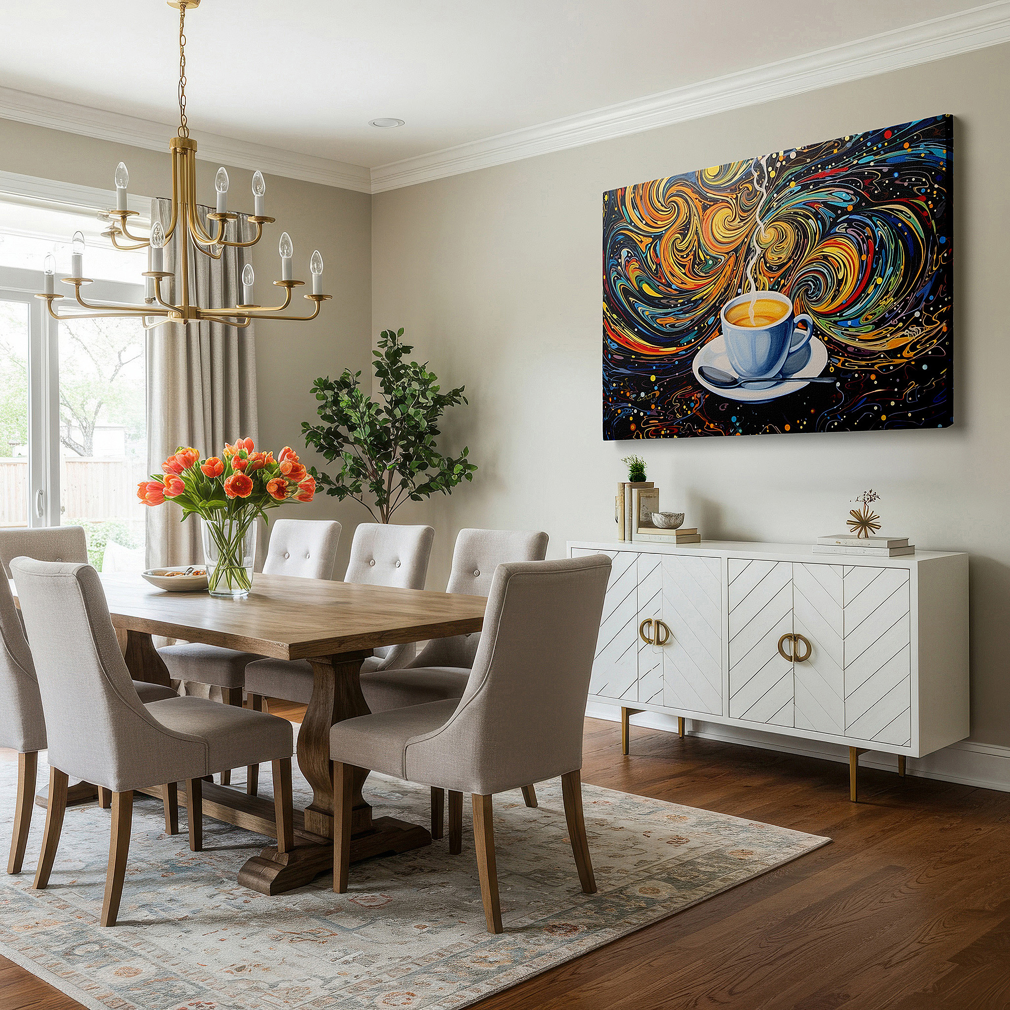 At 60×40 cm, this format fits effortlessly over dressers or benches — dynamic coffee culture symphony wall art, energizing and creative large canvas decor for office and bedroom