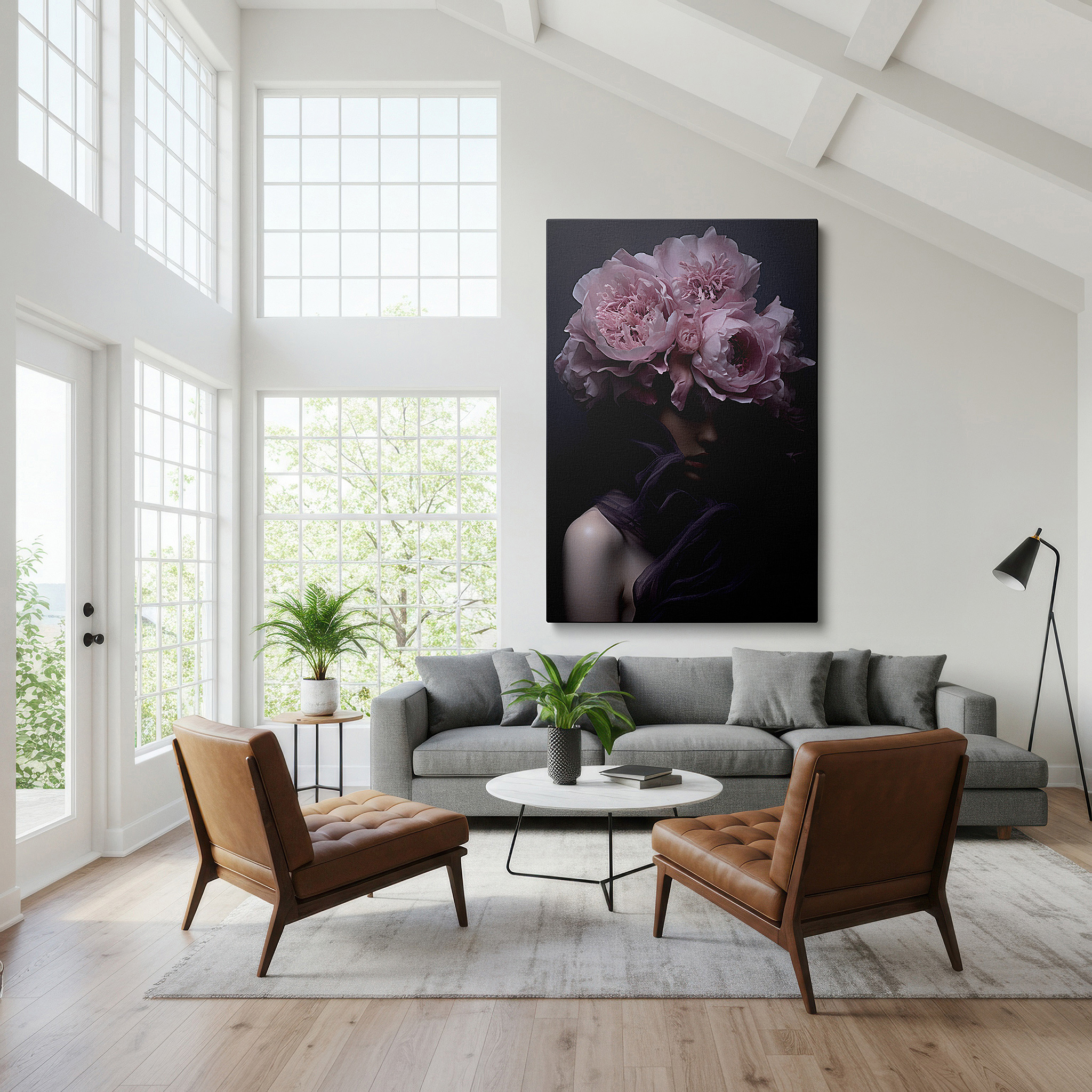 At 60×40 cm, this format fits effortlessly over dressers or benches — elegant pink floral crown wall art - large canvas for bedroom, living room, or office decor