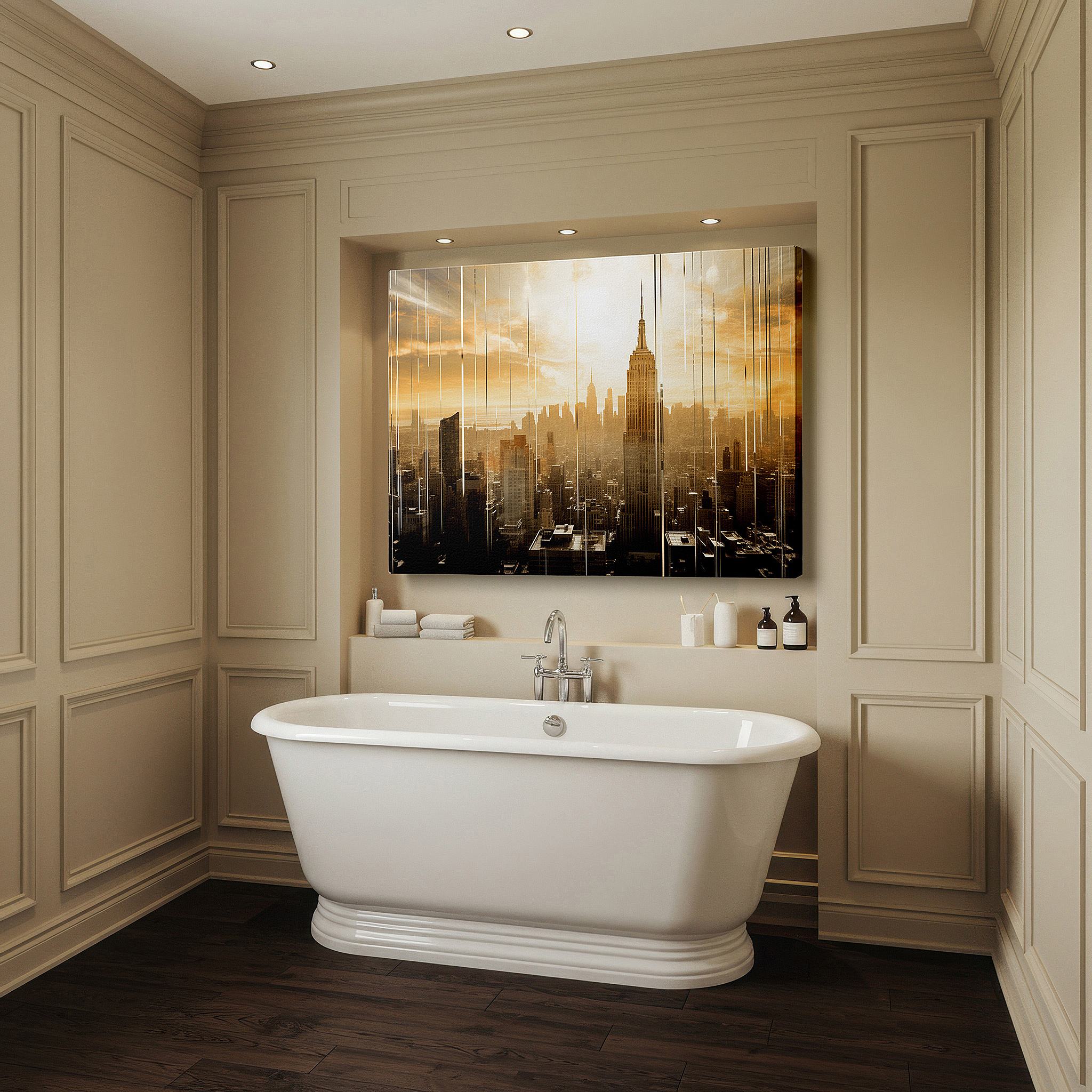 At 60×40 cm, this format fits effortlessly over dressers or benches — empire state building at sunrise - vibrant urban awakening large wall art, canvas wall art, wall decor for office and bedroom