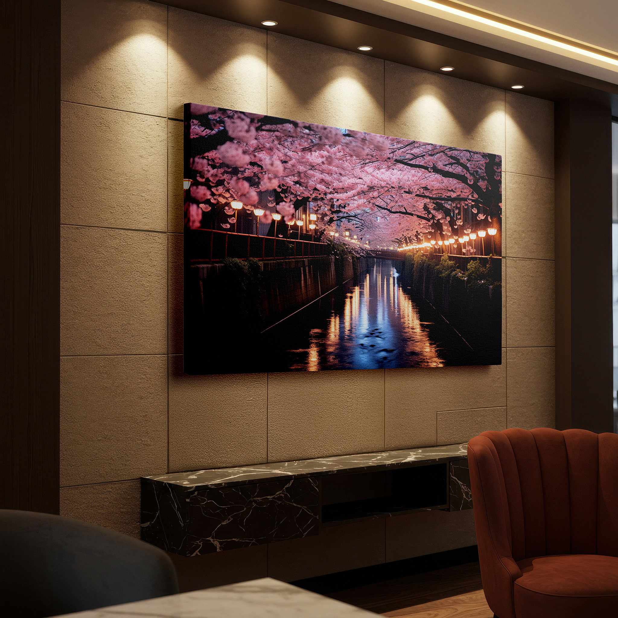 At 60×40 cm, this format fits effortlessly over dressers or benches — enchanted sakura pathway with lanterns - tranquil and romantic spring scene large wall art, canvas wall art, wall decor for office and bedroom