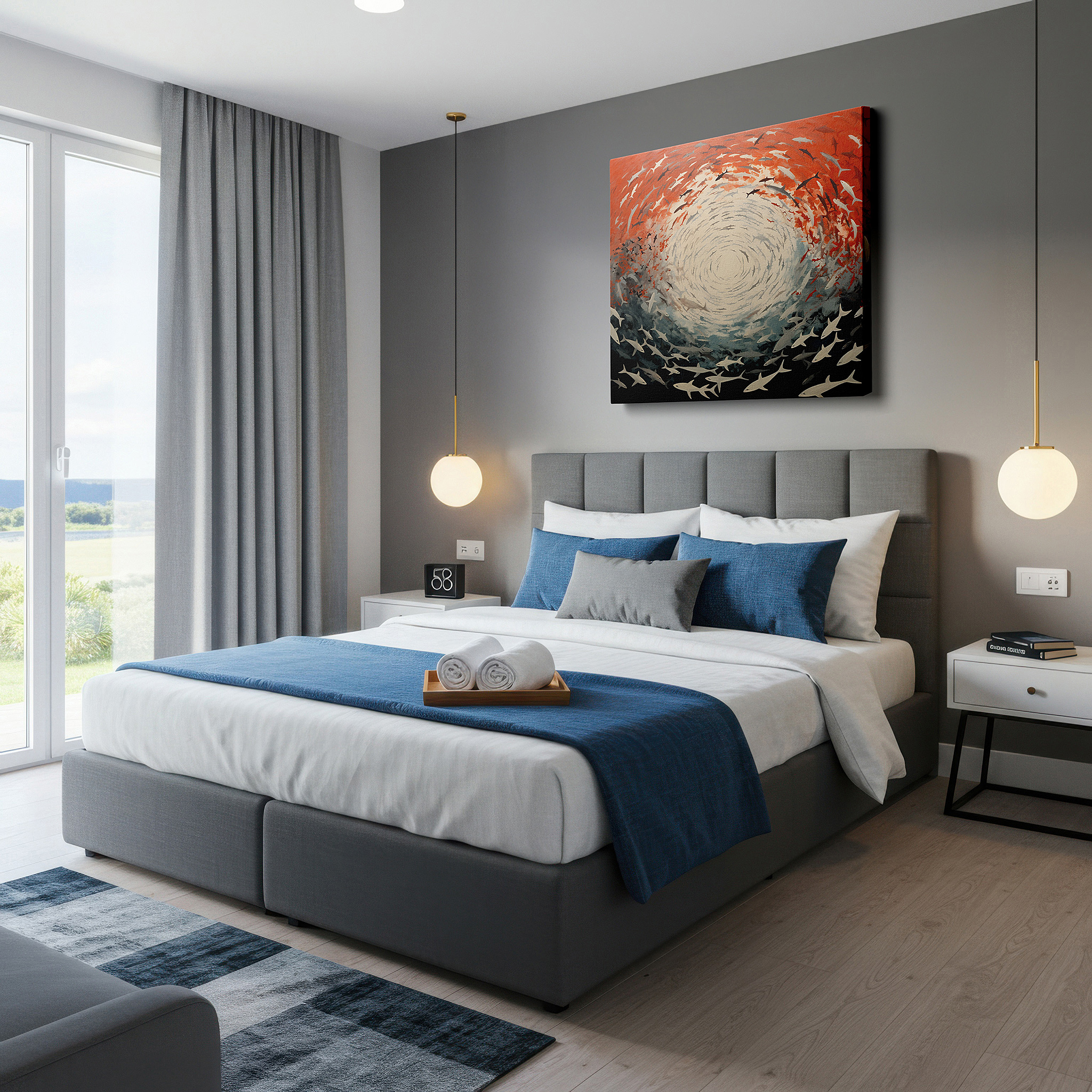 At 60×40 cm, this format fits effortlessly over dressers or benches — fiery depths sharks: a balletic display of nature's fierce beauty - large canvas wall art for office and bedroom decor