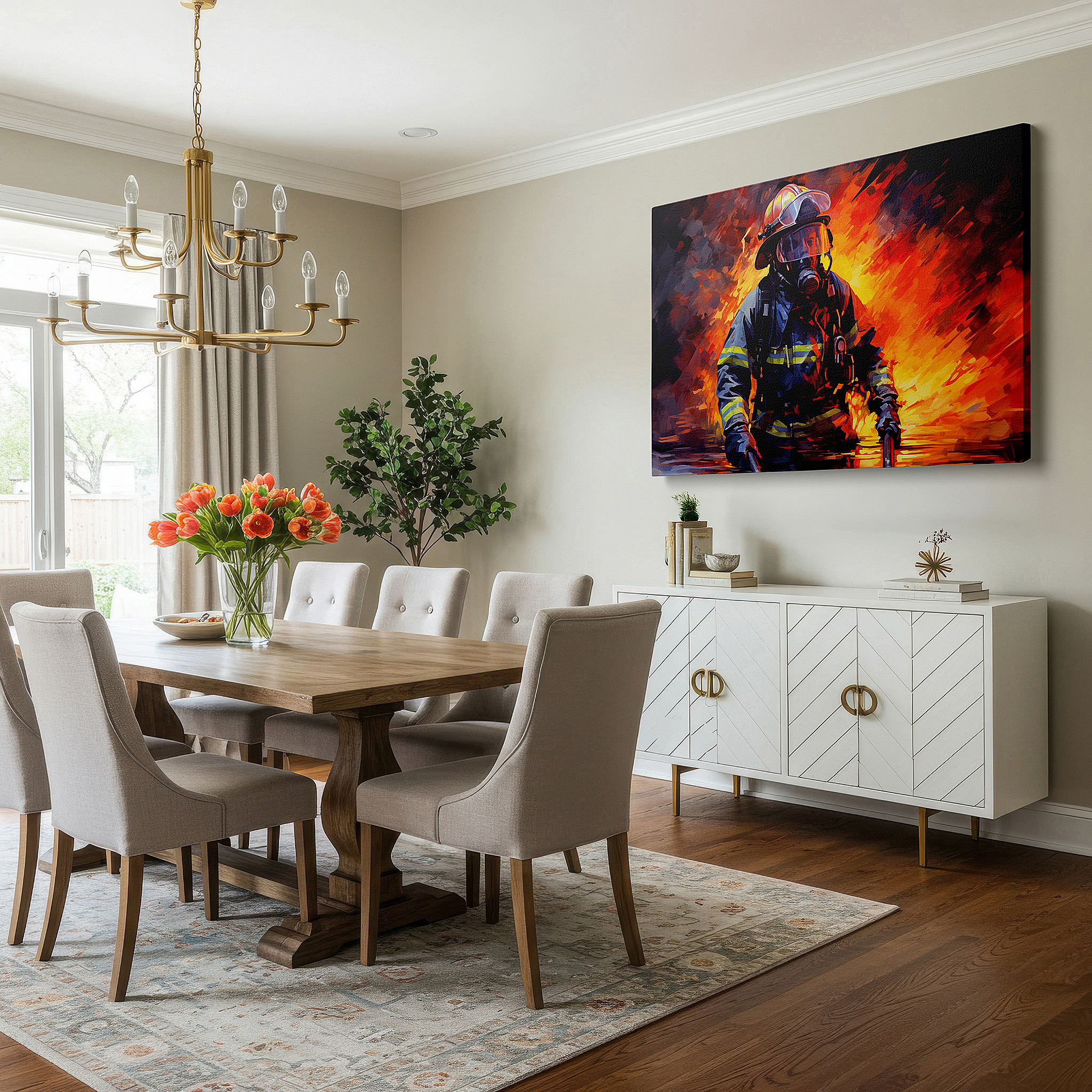 At 60×40 cm, this format fits effortlessly over dressers or benches — firefighter's bravery amidst flames large wall art, canvas decor for office, bedroom, and living room