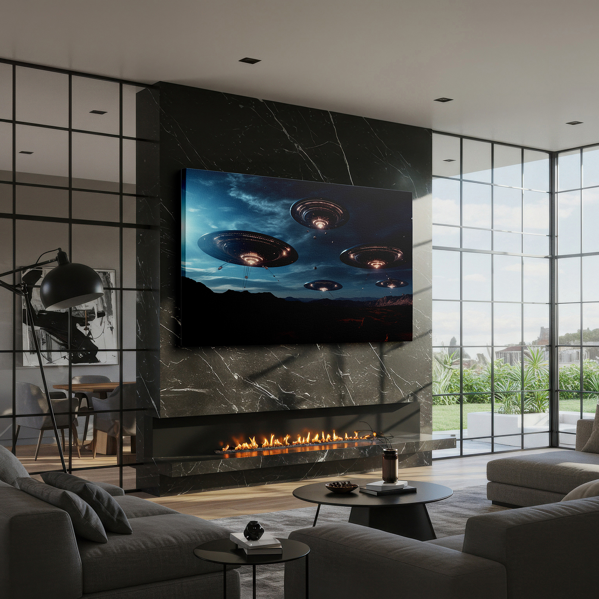 At 60×40 cm, this format fits effortlessly over dressers or benches — futuristic ufos hovering above a barren desert in a cosmic encounter - large wall art, canvas wall art, wall decor for office and bedroom