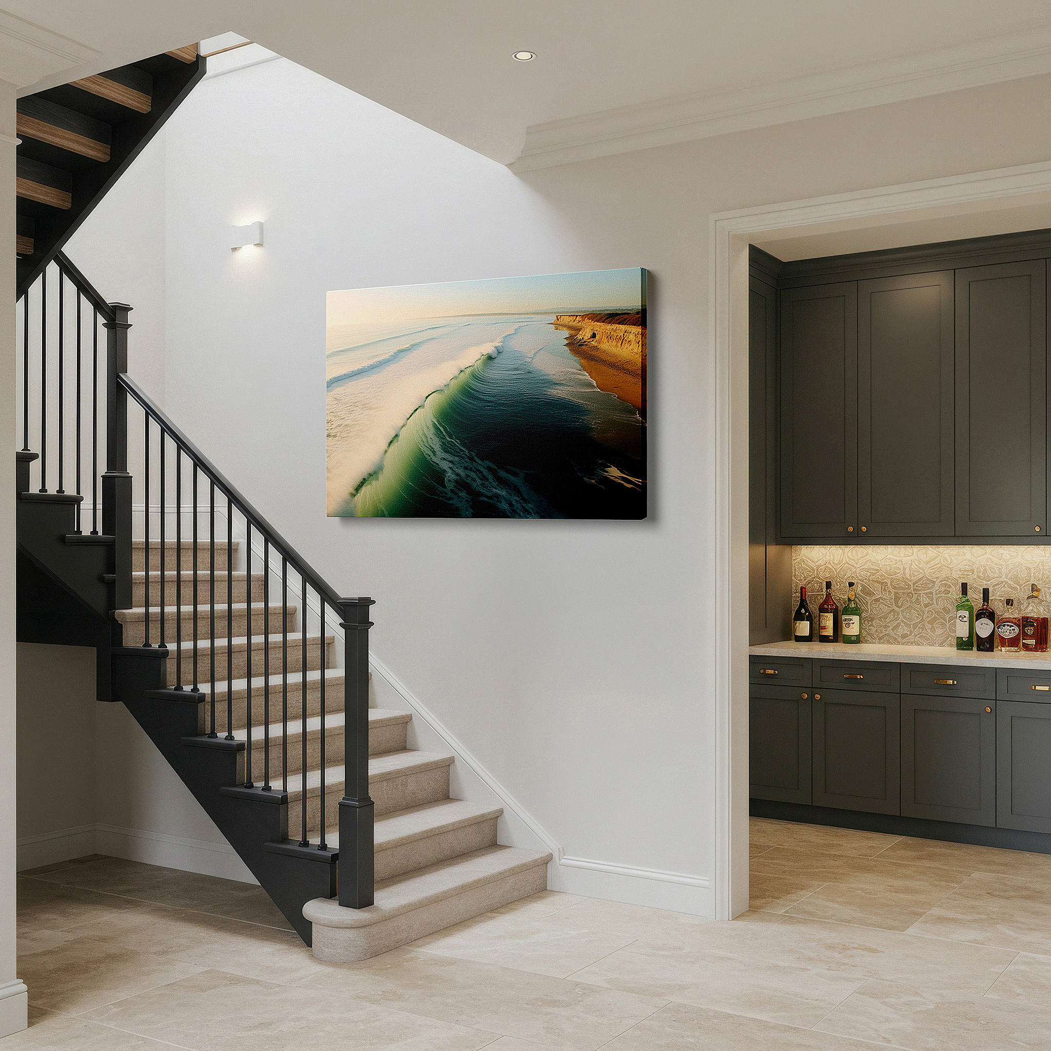 At 60×40 cm, this format fits effortlessly over dressers or benches — golden hour serenity: tranquil aerial coastal landscape - large canvas wall art for office and bedroom decor
