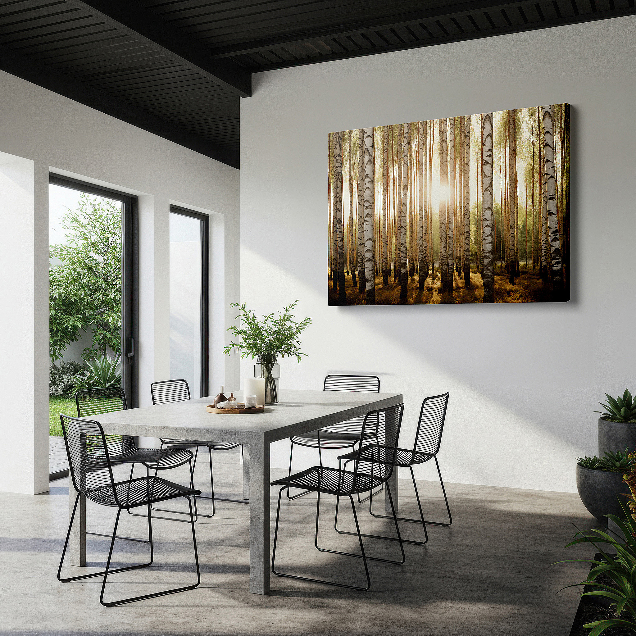 At 60×40 cm, this format fits effortlessly over dressers or benches — golden sunlight serene birch forest, tranquil nature sanctuary large wall art, canvas wall art, wall decor for office
