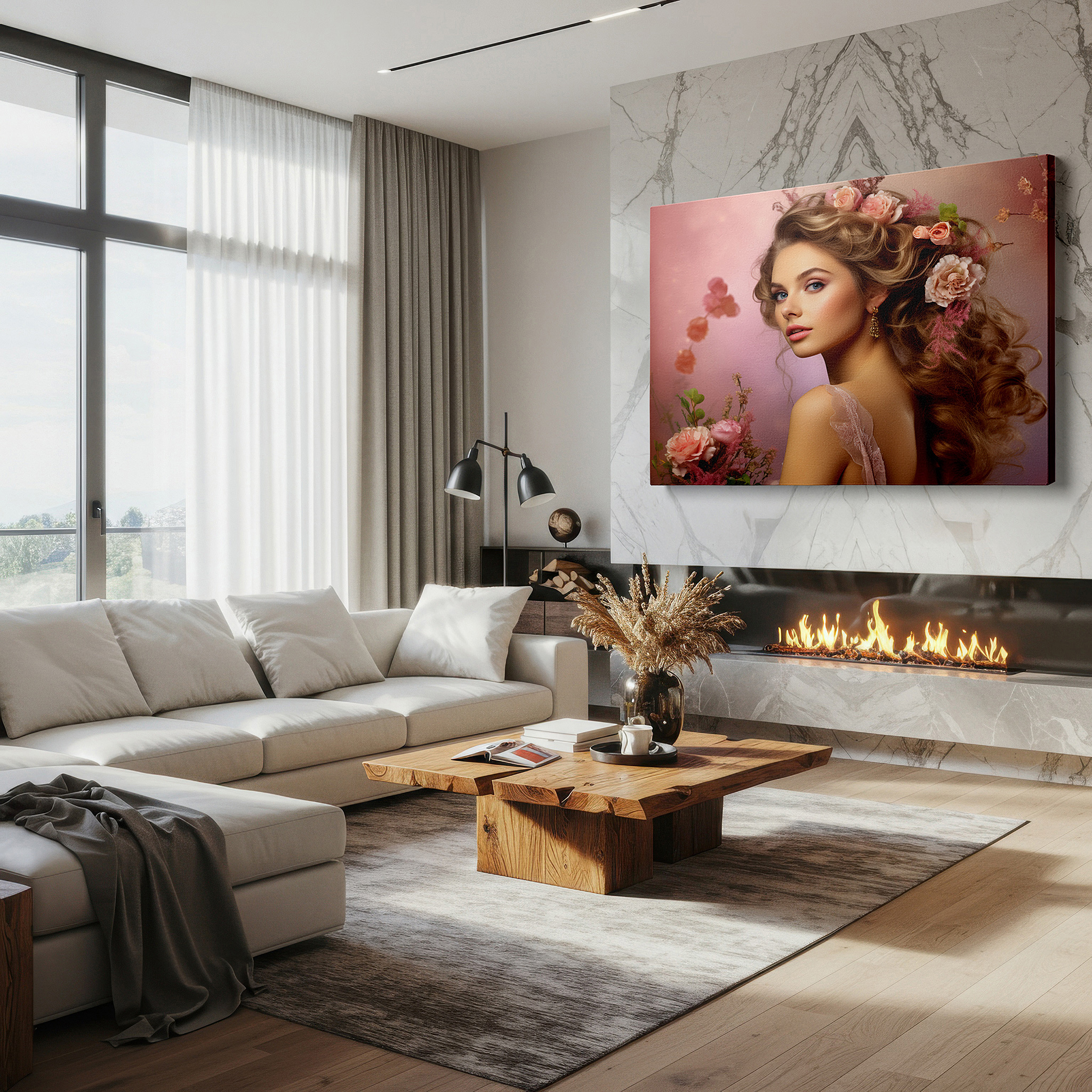 At 60×40 cm, this format fits effortlessly over dressers or benches — graceful and timeless femininity captured in nature-inspired large wall art for office and bedroom decor