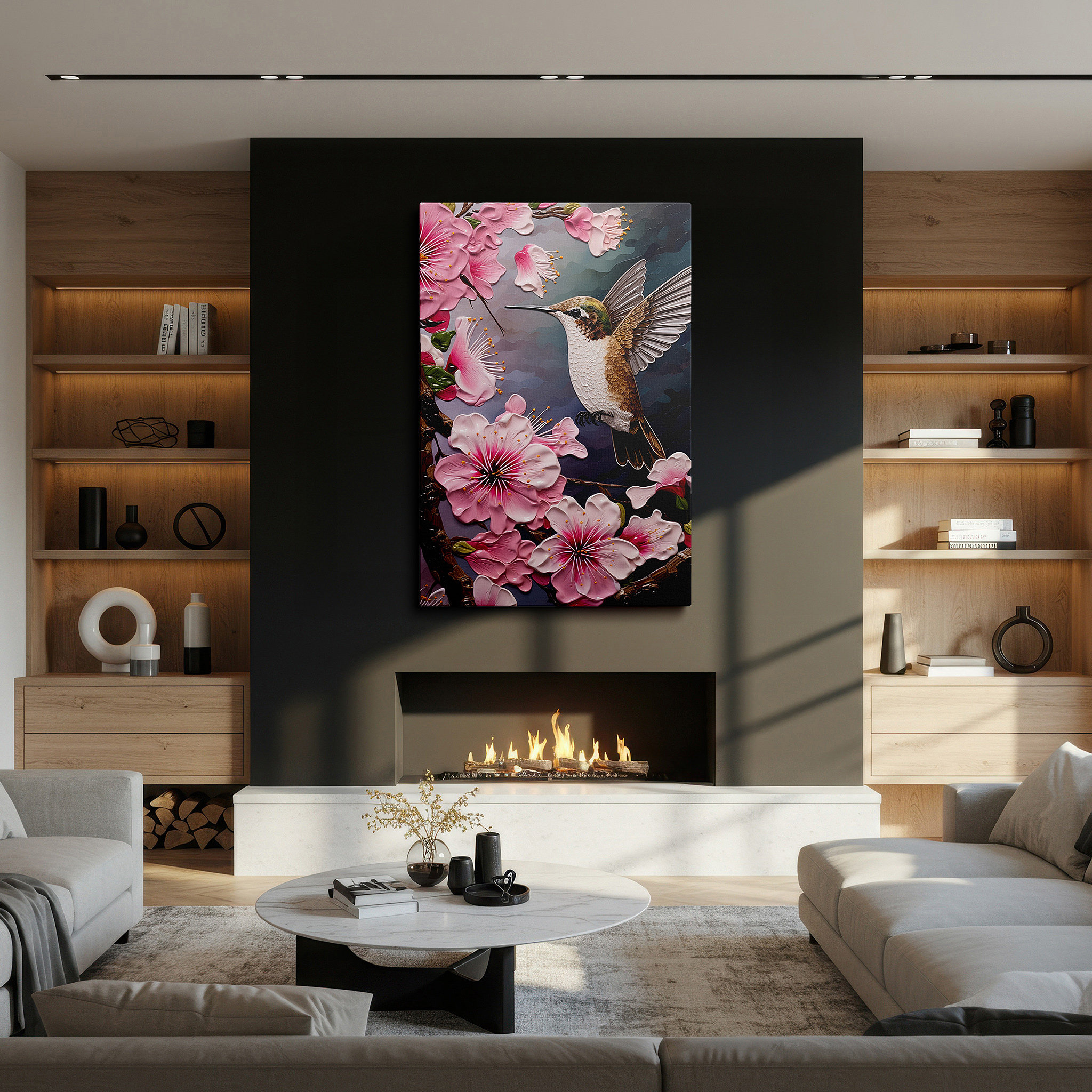 At 60×40 cm, this format fits effortlessly over dressers or benches — hummingbird's ethereal glow amid delicate pink blossoms large wall art, canvas wall art, wall decor for office and bedroom