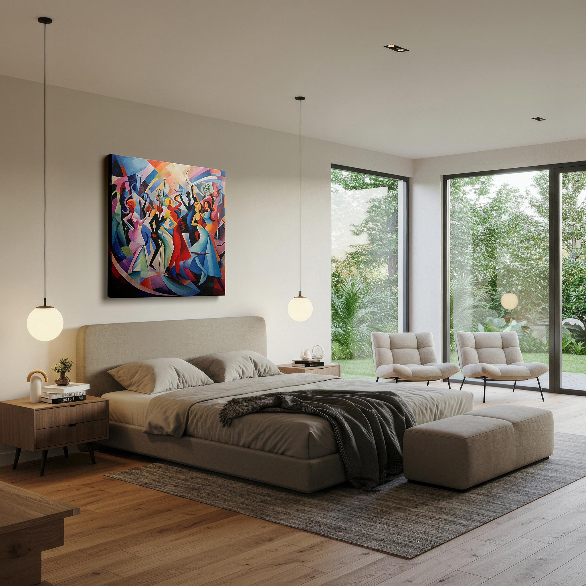At 60×40 cm, this format fits effortlessly over dressers or benches — joyful abstract dance large canvas wall art in vibrant reds, blues, and whites for office and bedroom decor