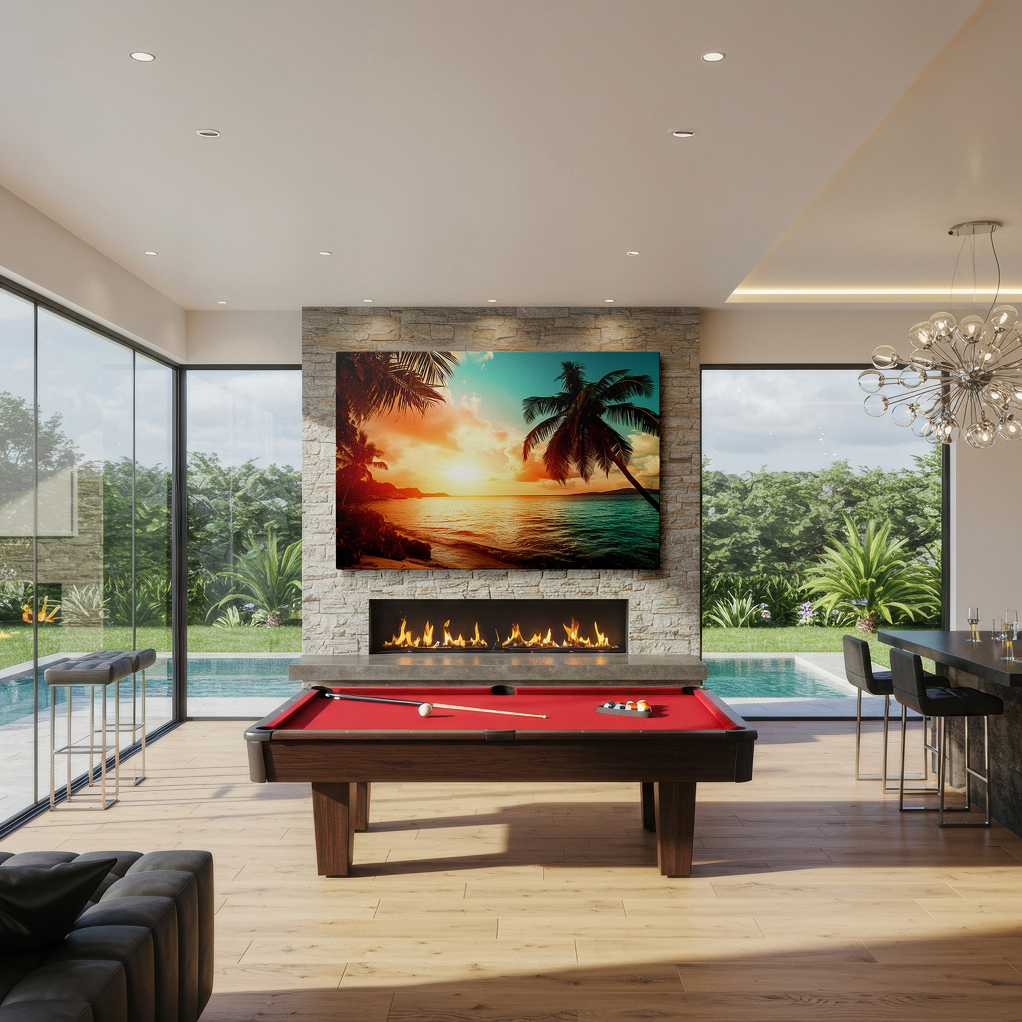 At 60×40 cm, this format fits effortlessly over dressers or benches — lone palm silhouette at sunset, orange and teal sky above calm ocean waves, large canvas wall art for home and office decor
