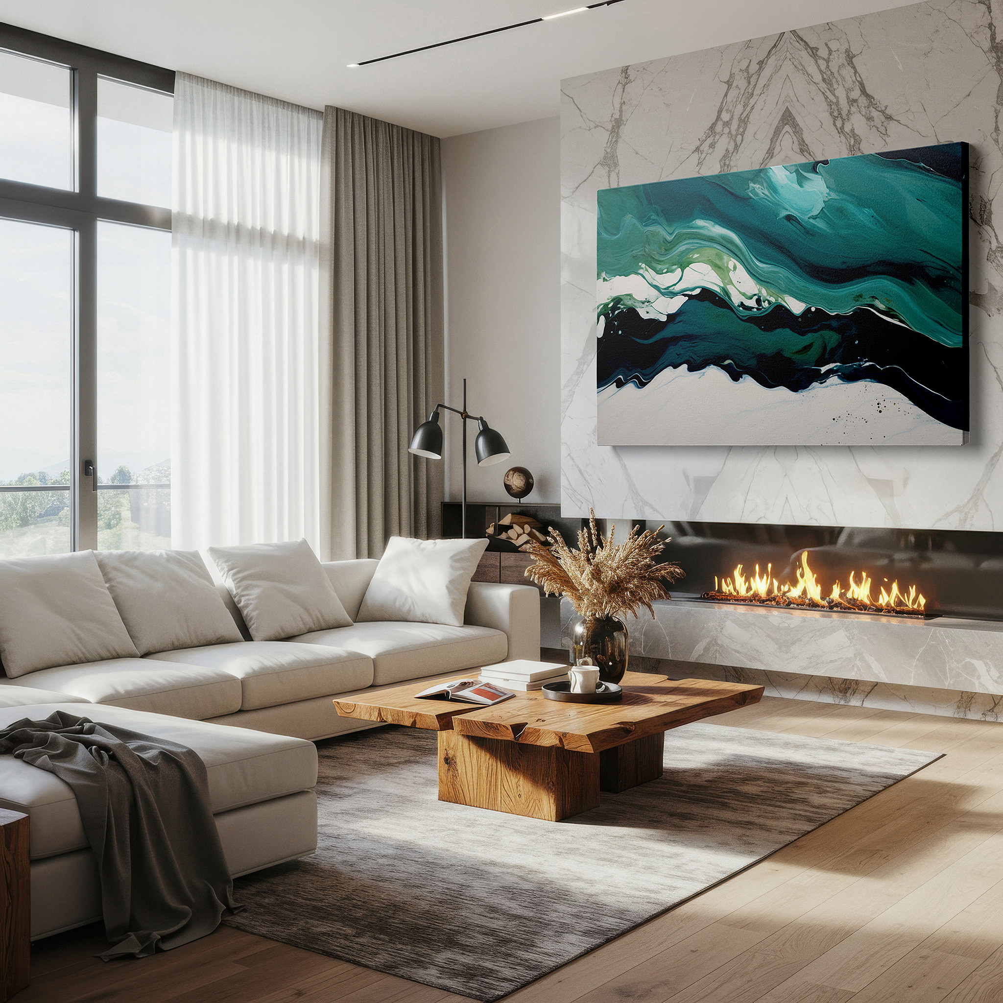 At 60×40 cm, this format fits effortlessly over dressers or benches — lush green waves and tranquil depths: celebrating nature's serenity - large canvas wall art for office and bedroom decor