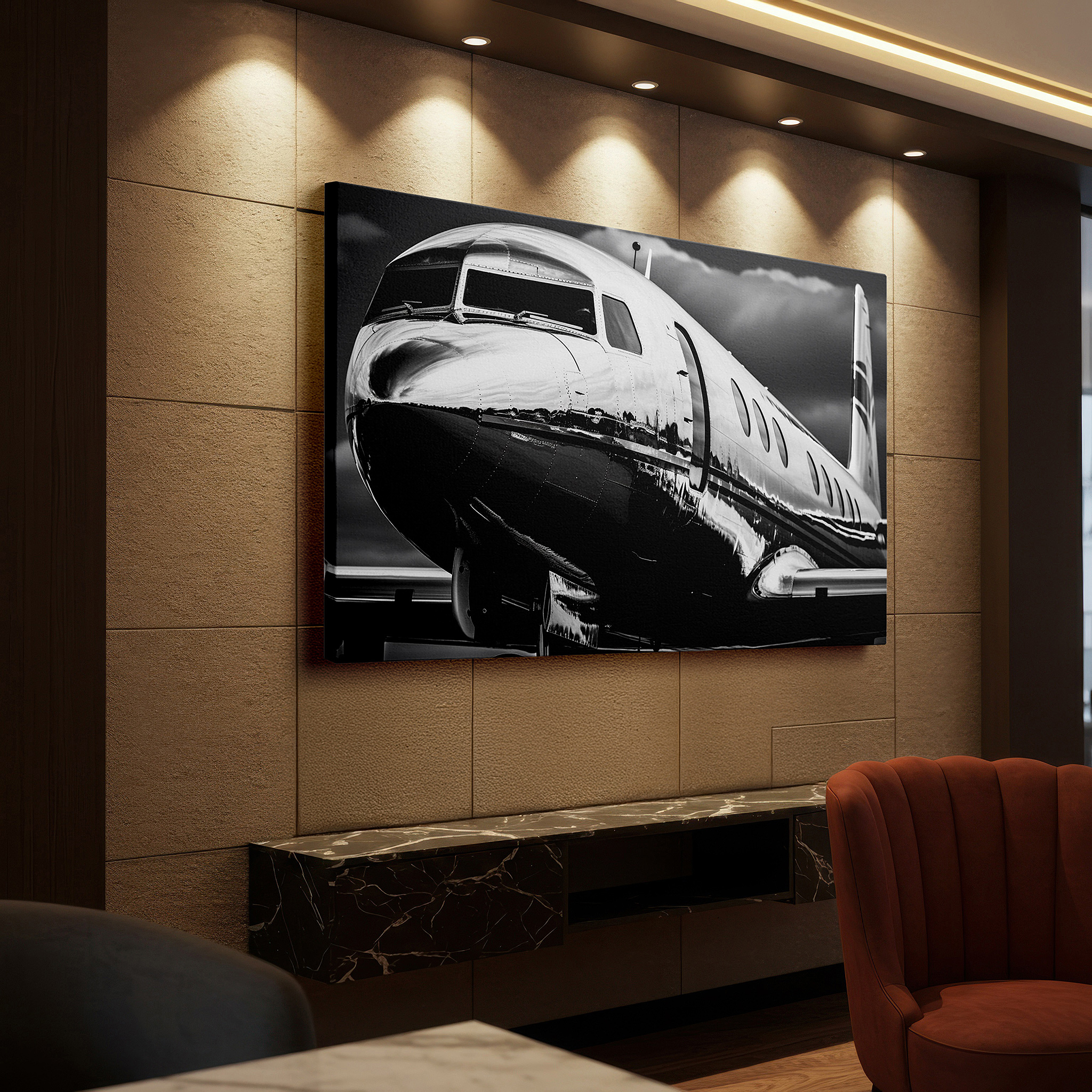 At 60×40 cm, this format fits effortlessly over dressers or benches — luxurious silver jet soaring through swirling clouds - high-end travel themed large wall art, canvas decor for office