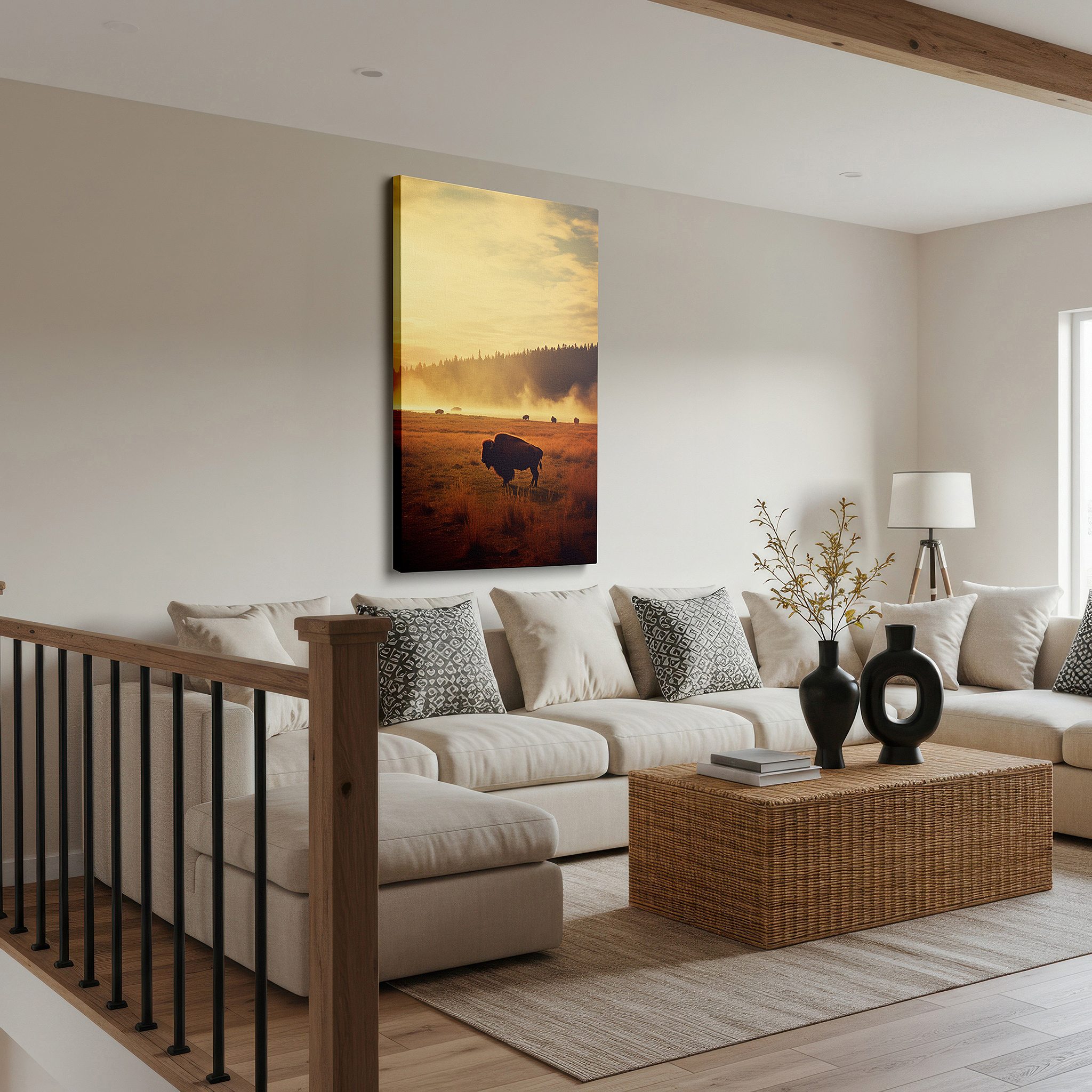 At 60×40 cm, this format fits effortlessly over dressers or benches — majestic buffalo at sunrise in misty prairie: symbol of strength and serenity - large canvas wall art for home and office decor
