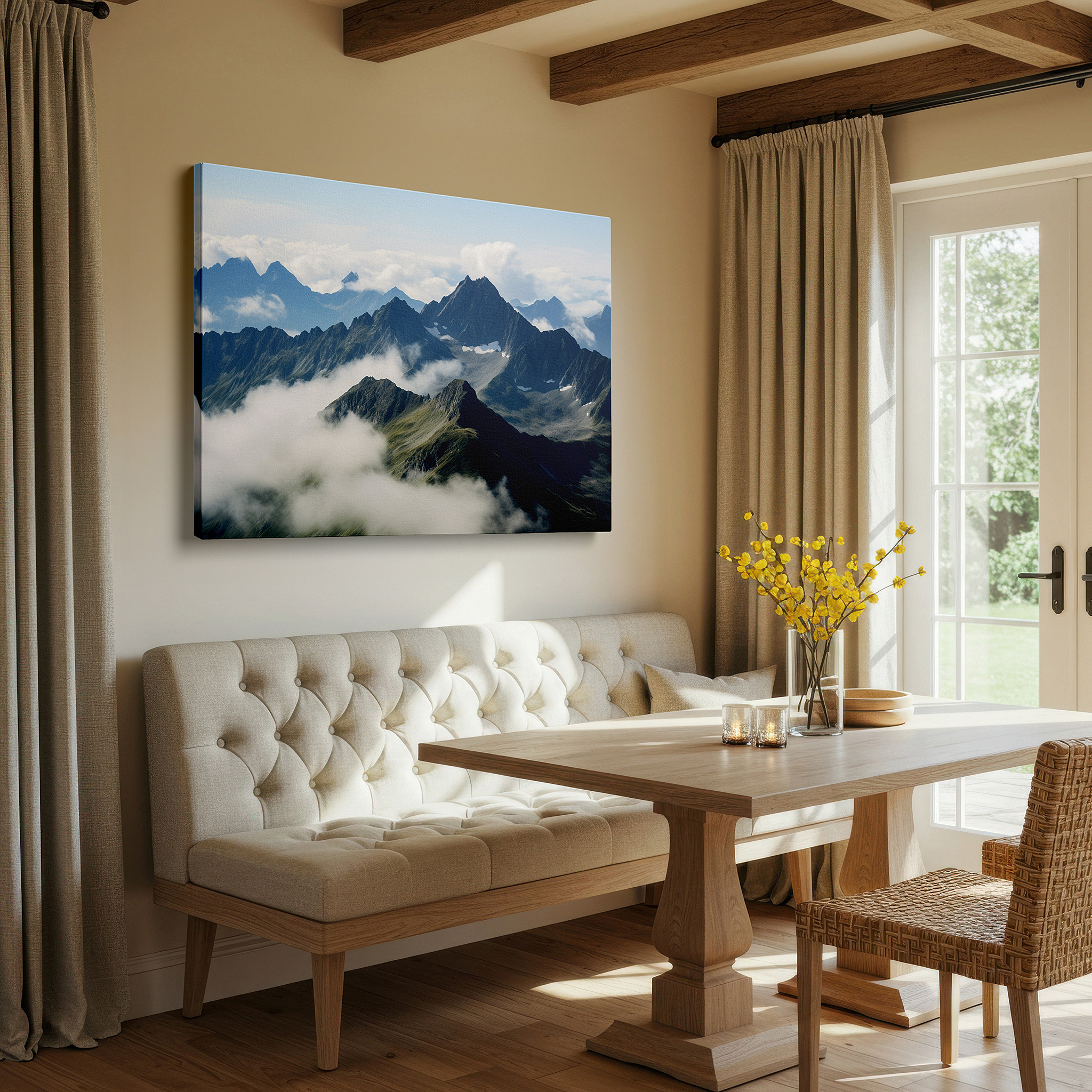 At 60×40 cm, this format fits effortlessly over dressers or benches — majestic mountain peaks ascending beyond the clouds, panoramic landscape large canvas wall art for office and bedroom decor