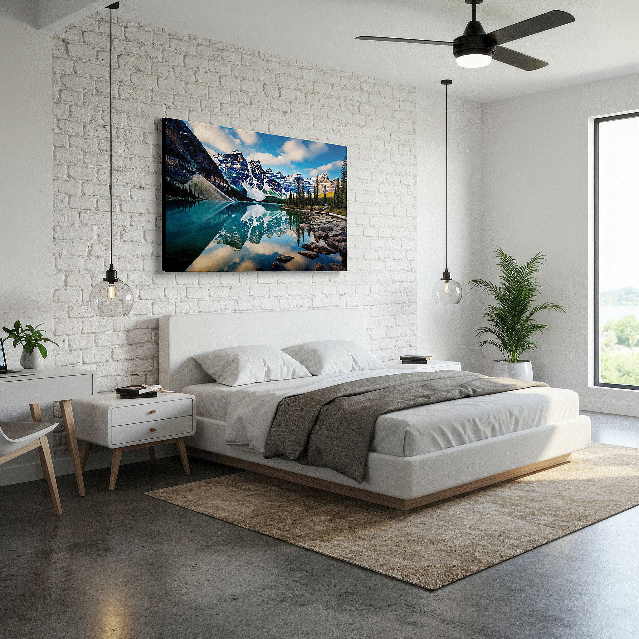 At 60×40 cm, this format fits effortlessly over dressers or benches — majestic mountain peaks and serene lake reflections large wall art, canvas wall art, wall decor for office and bedroom