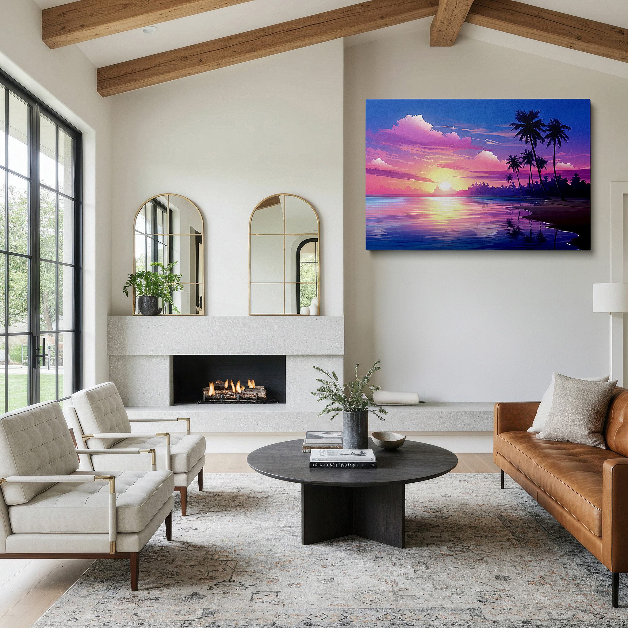 At 60×40 cm, this format fits effortlessly over dressers or benches — majestic palm silhouettes against a vibrant sunset sky, serene beach paradise large wall art, canvas wall art, wall decor for office and bedroom