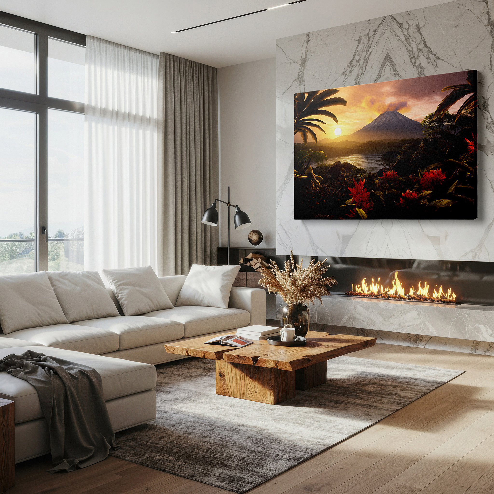 At 60×40 cm, this format fits effortlessly over dressers or benches — majestic volcano amidst lush tropical landscape at dawn or dusk - large canvas wall art for office, bedroom, and living room decor