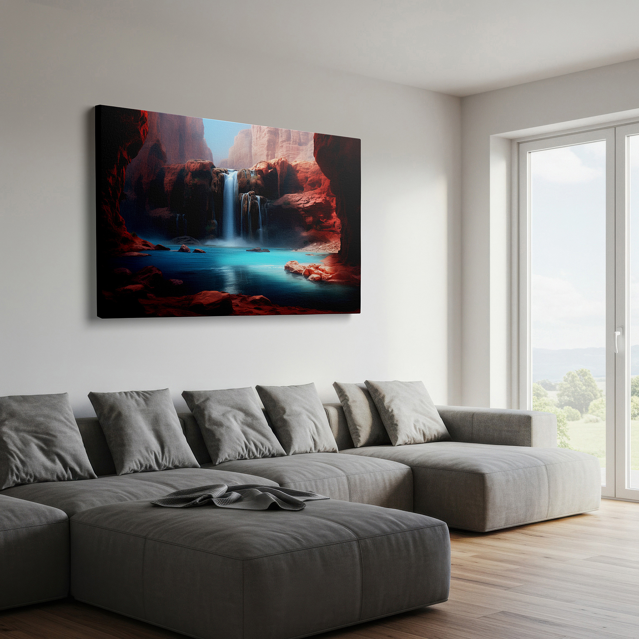 At 60×40 cm, this format fits effortlessly over dressers or benches — majestic waterfalls and rugged red rocks - tranquil yet vibrant scenery large wall art, canvas wall art, wall decor, office wall art, bedroom wall art