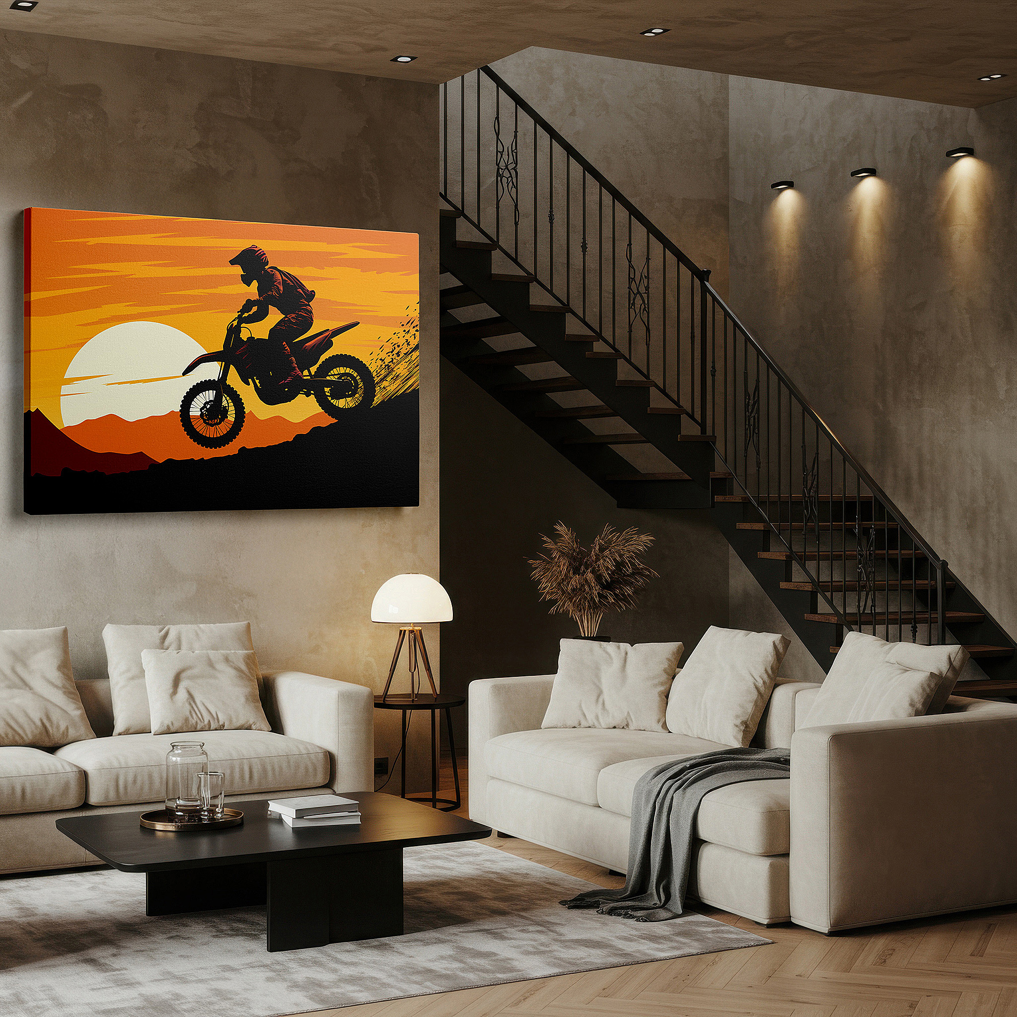 At 60×40 cm, this format fits effortlessly over dressers or benches — motorcycle rider climbing towards a bright sunset, representing liberty and exploration, large canvas wall art for home and office decor