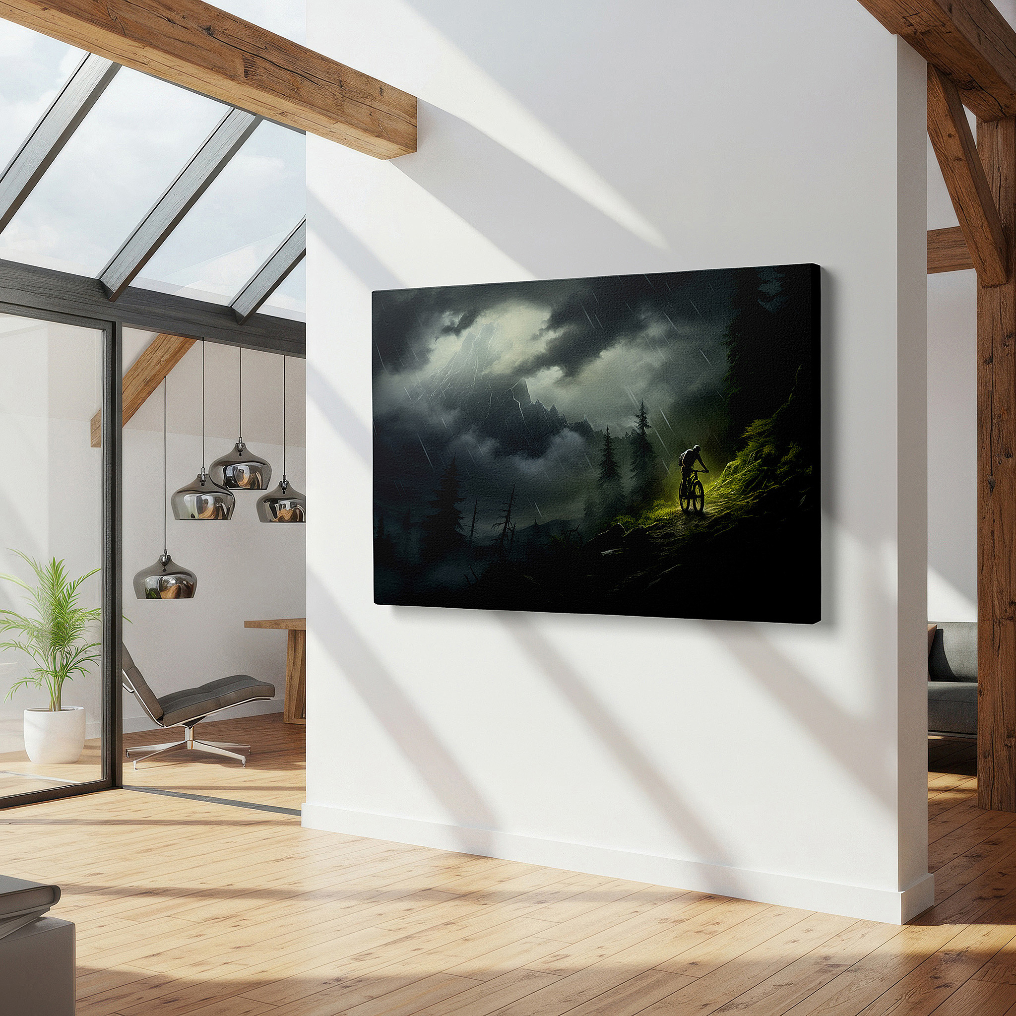 At 60×40 cm, this format fits effortlessly over dressers or benches — mountain biker's rainy trail adventure through a misty forest wall art - large canvas for office, bedroom, and living room decor