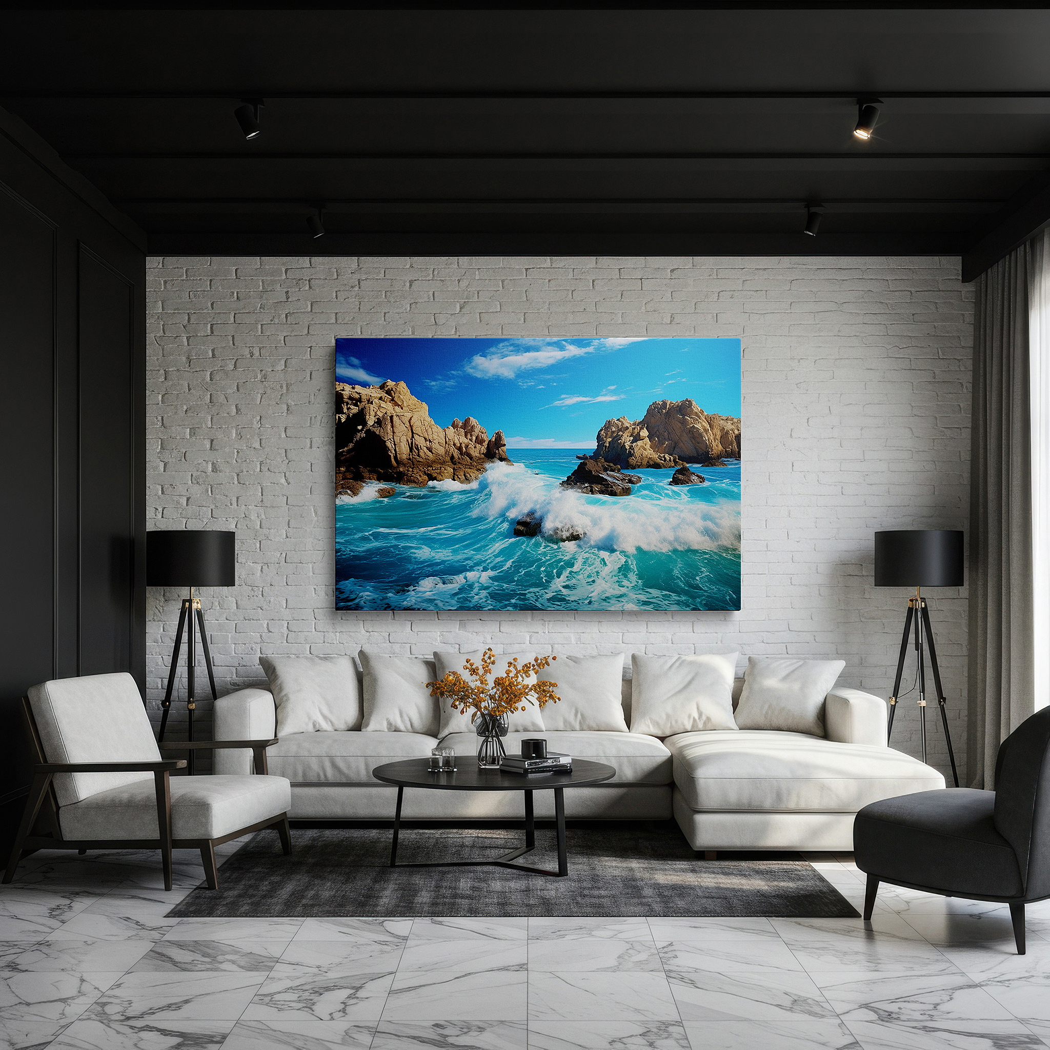 At 60×40 cm, this format fits effortlessly over dressers or benches — ocean's fury and stoic rocks: a stunning exhibition of nature's strength and elegance - large wall art, canvas wall art, wall decor for office and bedroom