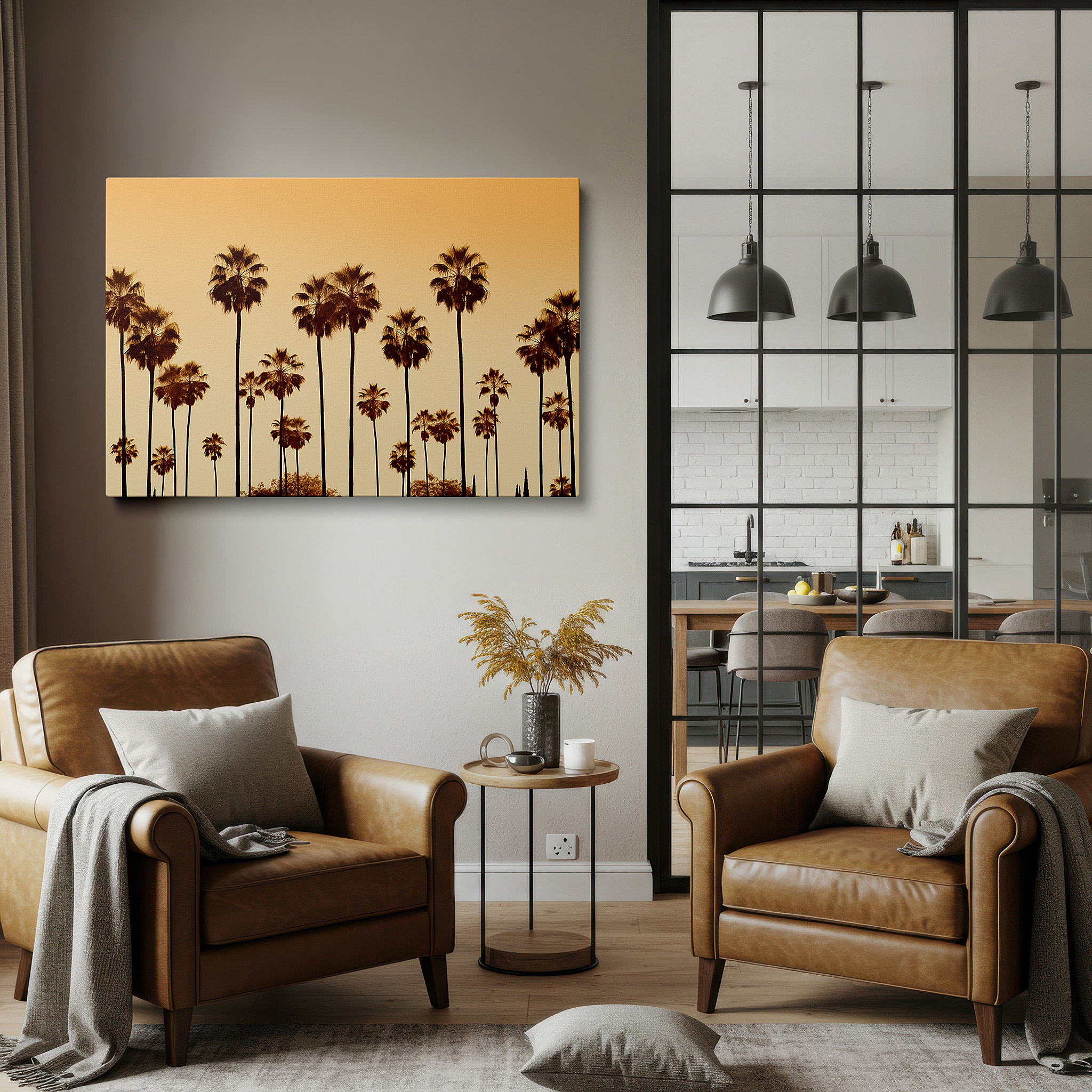 At 60×40 cm, this format fits effortlessly over dressers or benches — palm trees silhouetted against a golden-orange sky, tranquil tropical escape large wall art, canvas wall art, wall decor for office and bedroom