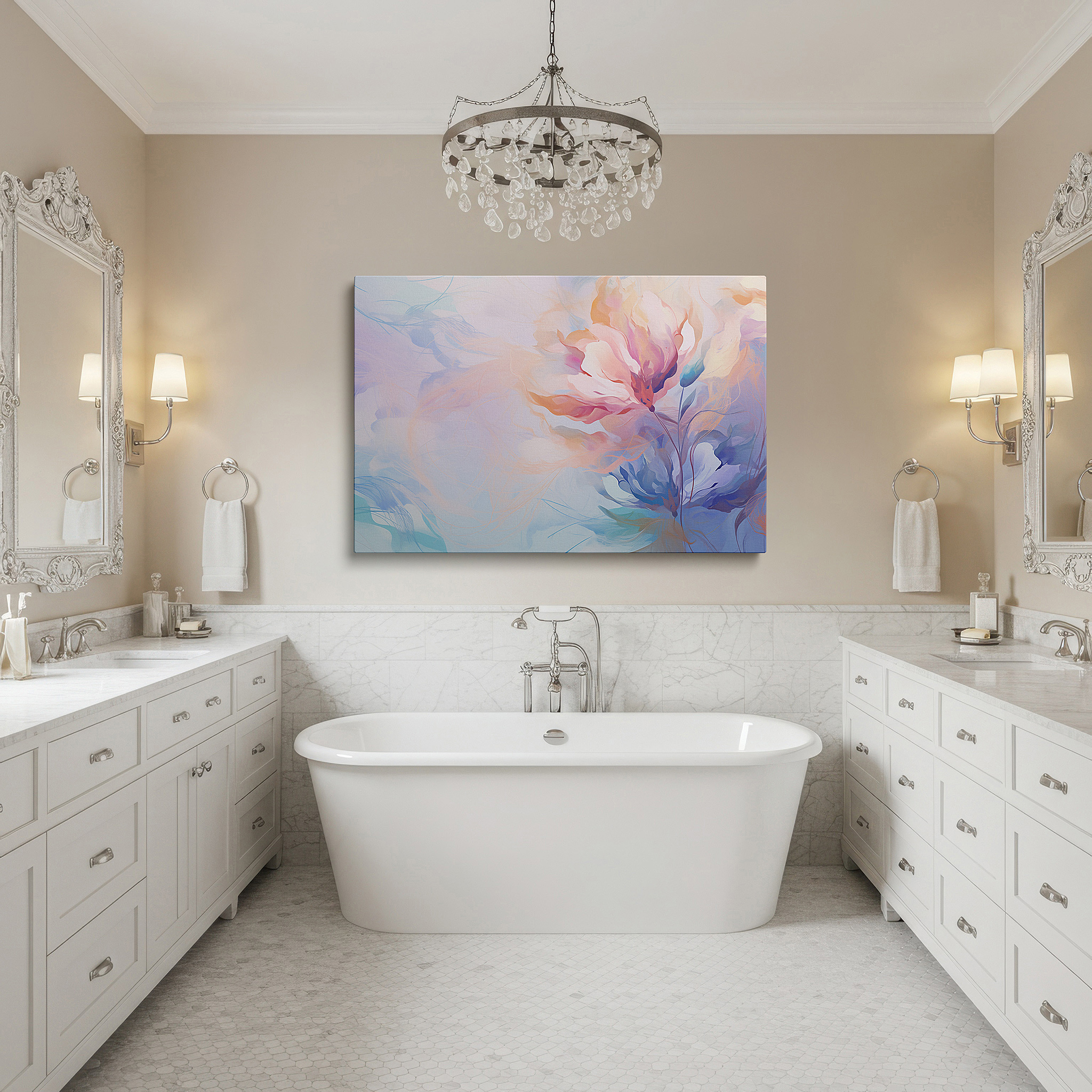 At 60×40 cm, this format fits effortlessly over dressers or benches — pastel floral dream abstract: tranquil sanctuary large wall art, canvas decor for office and bedroom