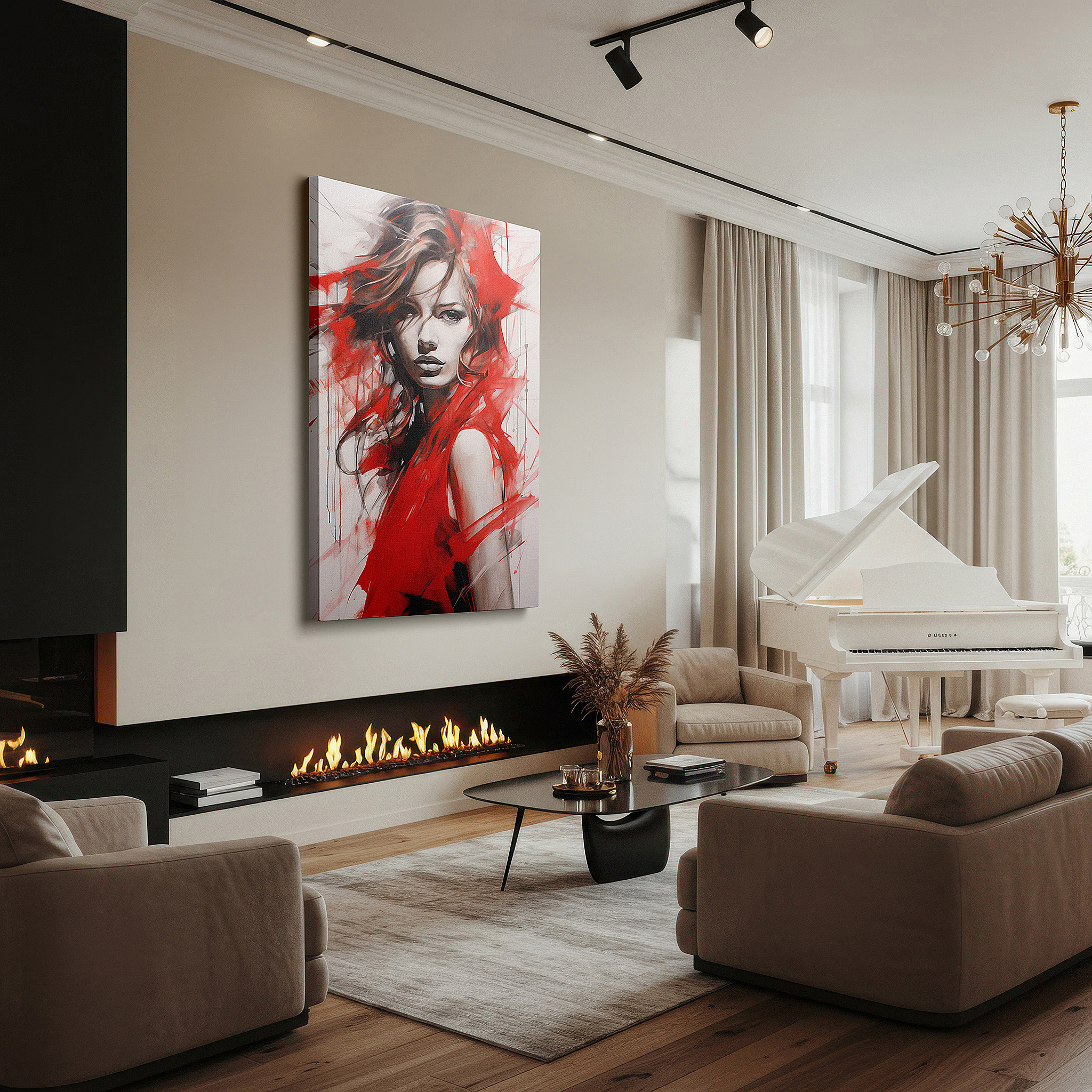 At 60×40 cm, this format fits effortlessly over dressers or benches — portrait of a woman in red: a bold display of strength and beauty - large canvas wall art for office and bedroom decor