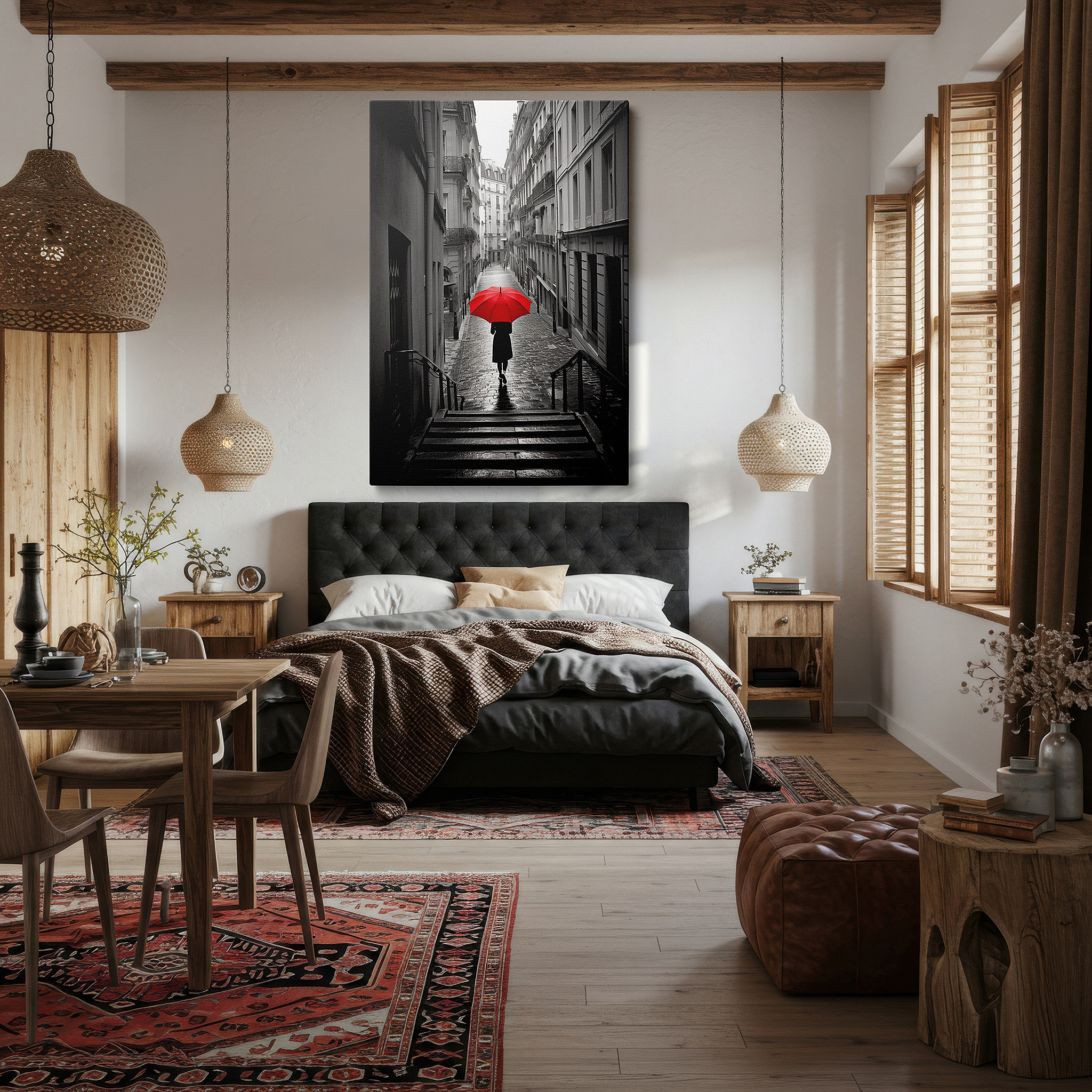 At 60×40 cm, this format fits effortlessly over dressers or benches — red umbrella on rainy paris street large canvas wall art for office, living room, and bedroom decor