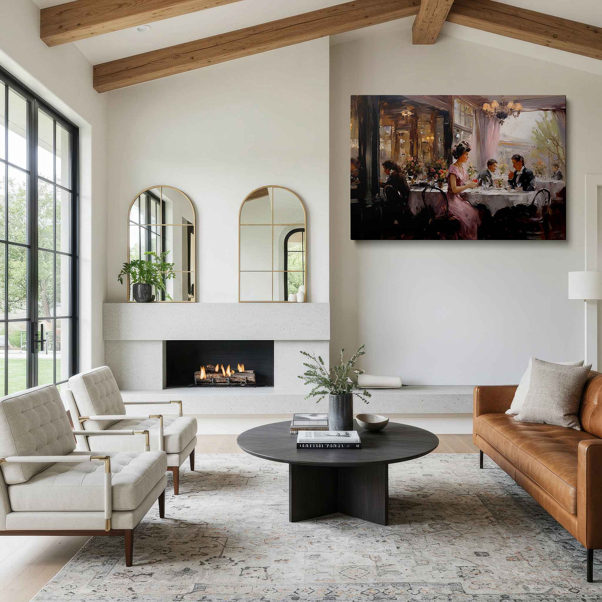 At 60×40 cm, this format fits effortlessly over dressers or benches — refined dining atmosphere illustrated in lively restaurant setting with detailed artistry and cozy ambiance - large wall art, canvas wall art