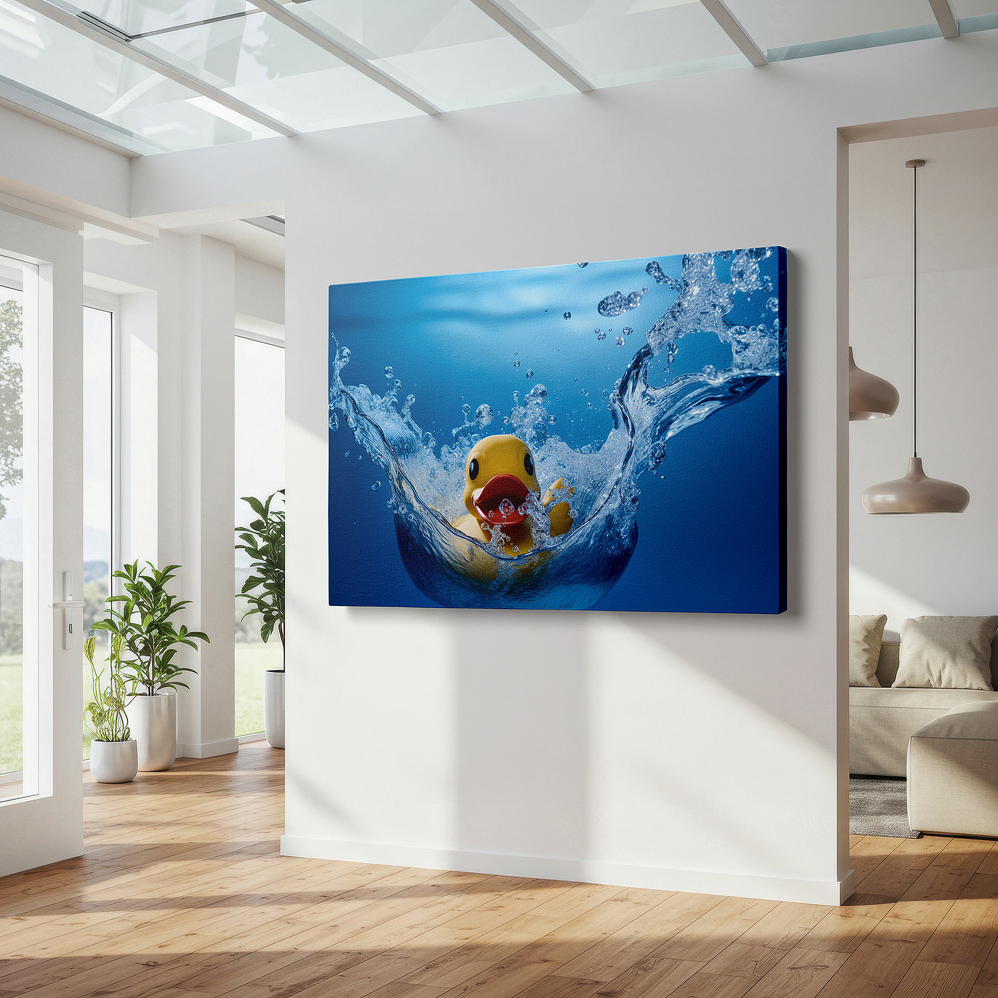 At 60×40 cm, this format fits effortlessly over dressers or benches — rubber duck wall art: dive into joy with a playful rubber duck in crystal-clear waters - large canvas art for home and office decor