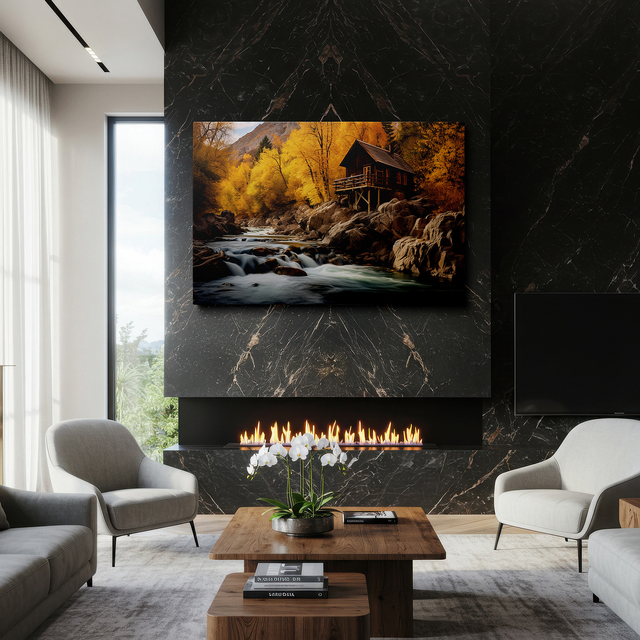 At 60×40 cm, this format fits effortlessly over dressers or benches — rustic cabin and stream canvas wall art with vibrant autumn foliage for office and bedroom decor