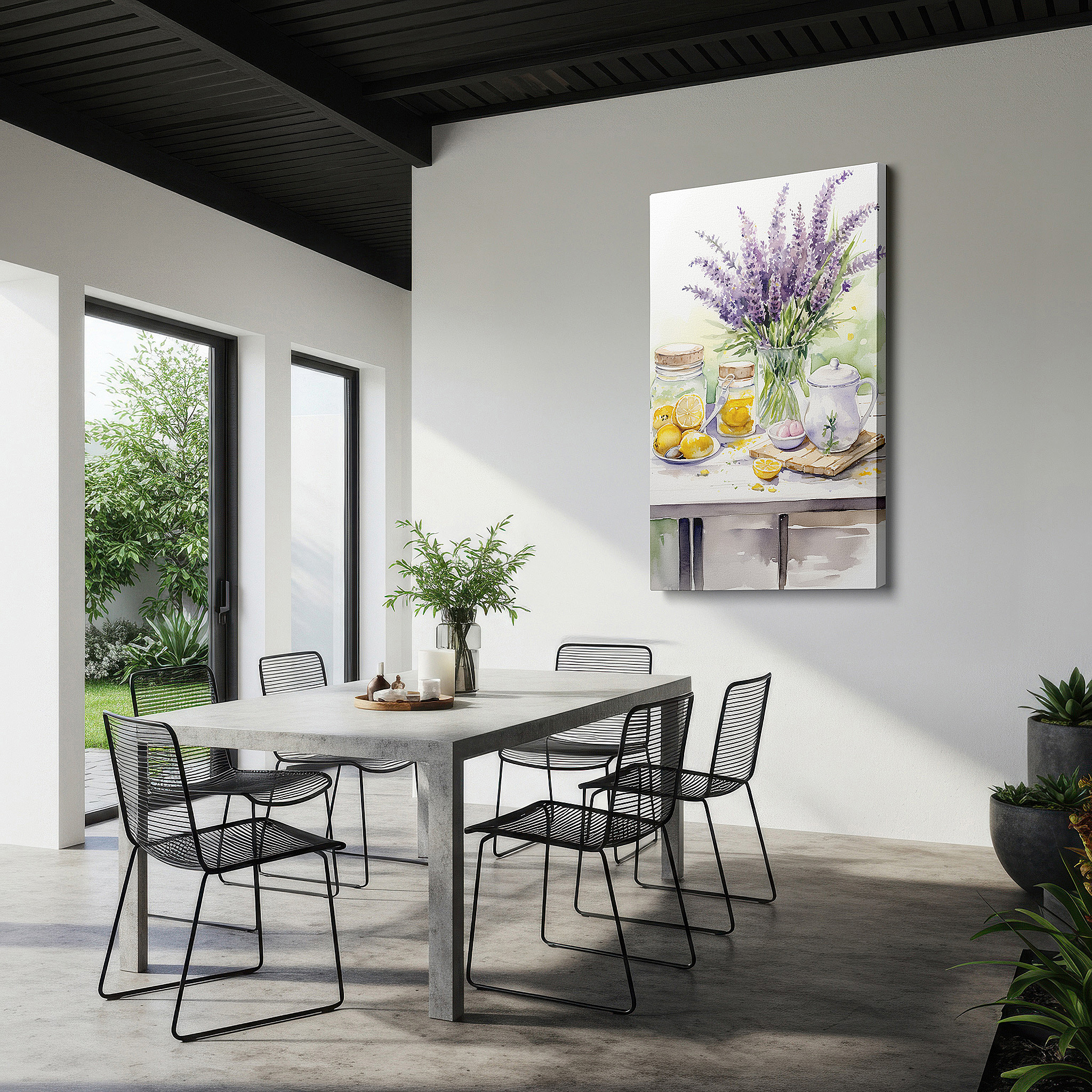 At 60×40 cm, this format fits effortlessly over dressers or benches — rustic lemon and lavender tea set scene - large canvas wall art for office and bedroom decor