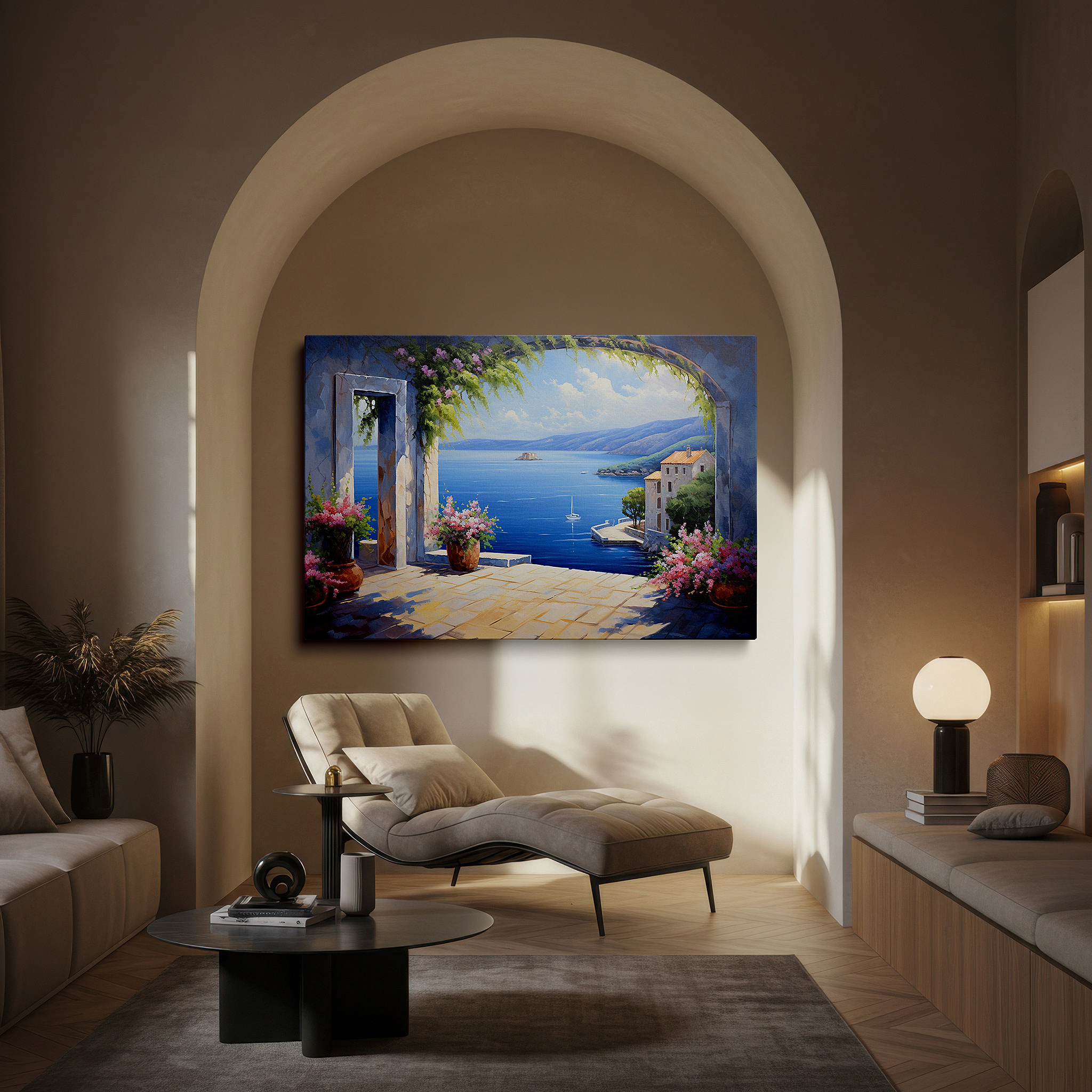 At 60×40 cm, this format fits effortlessly over dressers or benches — a serene coastal retreat canvas framed by a graceful arch large wall art, canvas wall decor for offices, bedrooms, and living rooms