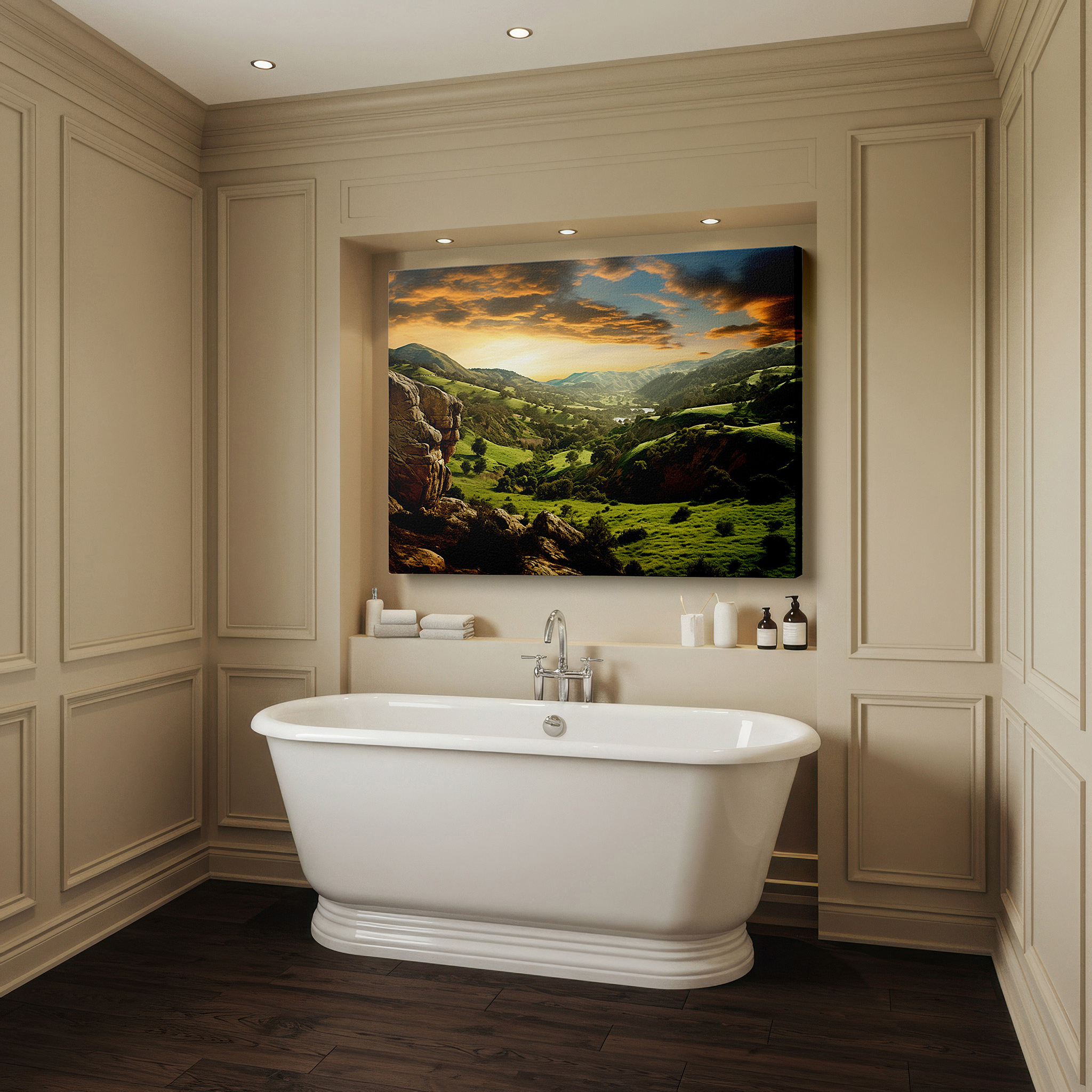 At 60×40 cm, this format fits effortlessly over dressers or benches — serene dusk landscape with sun setting behind rolling hills - large canvas wall art for office, bedroom, and living room decor
