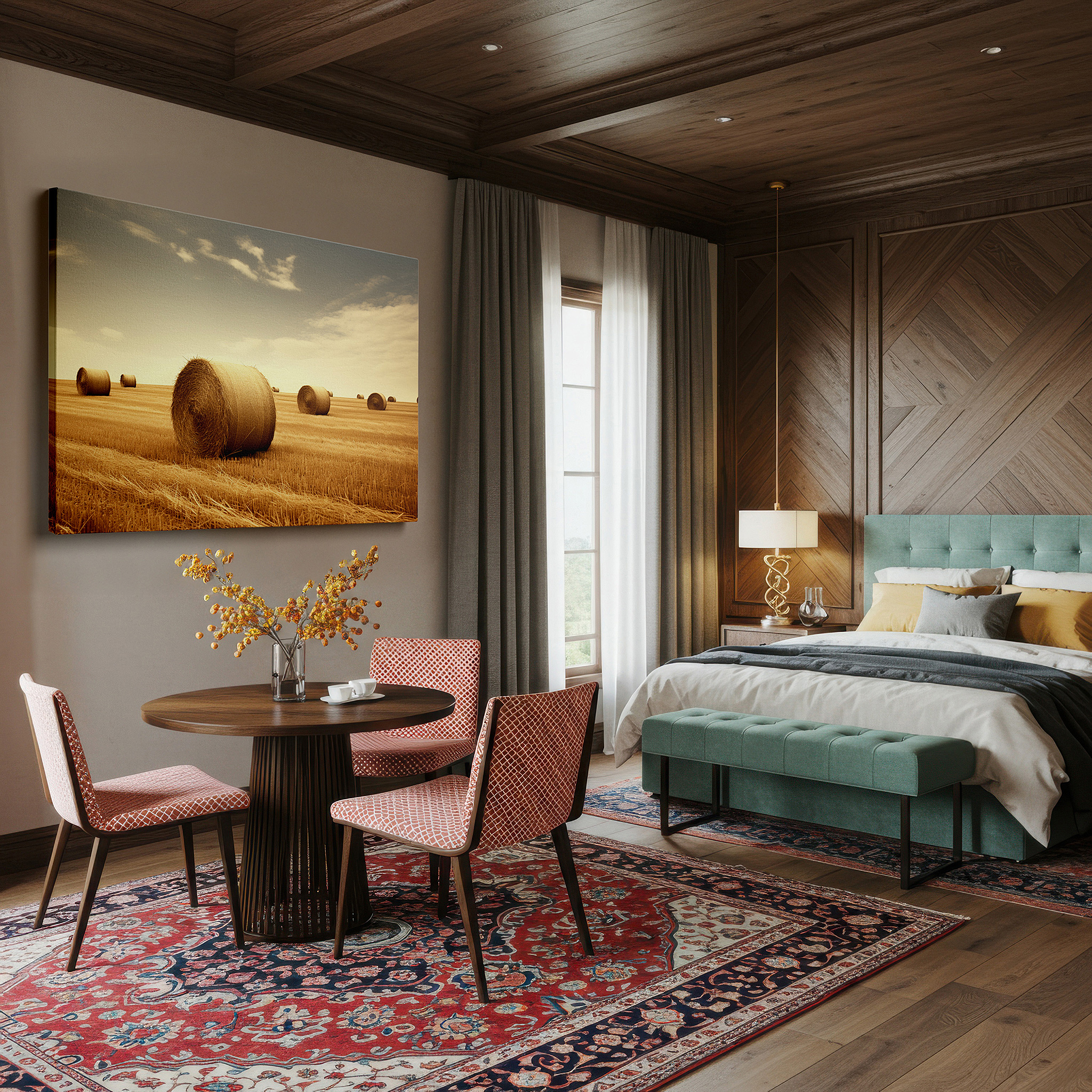 At 60×40 cm, this format fits effortlessly over dressers or benches — serene fields and striking skies: large canvas wall art featuring peaceful landscapes and golden hay bales, perfect for home or office decor