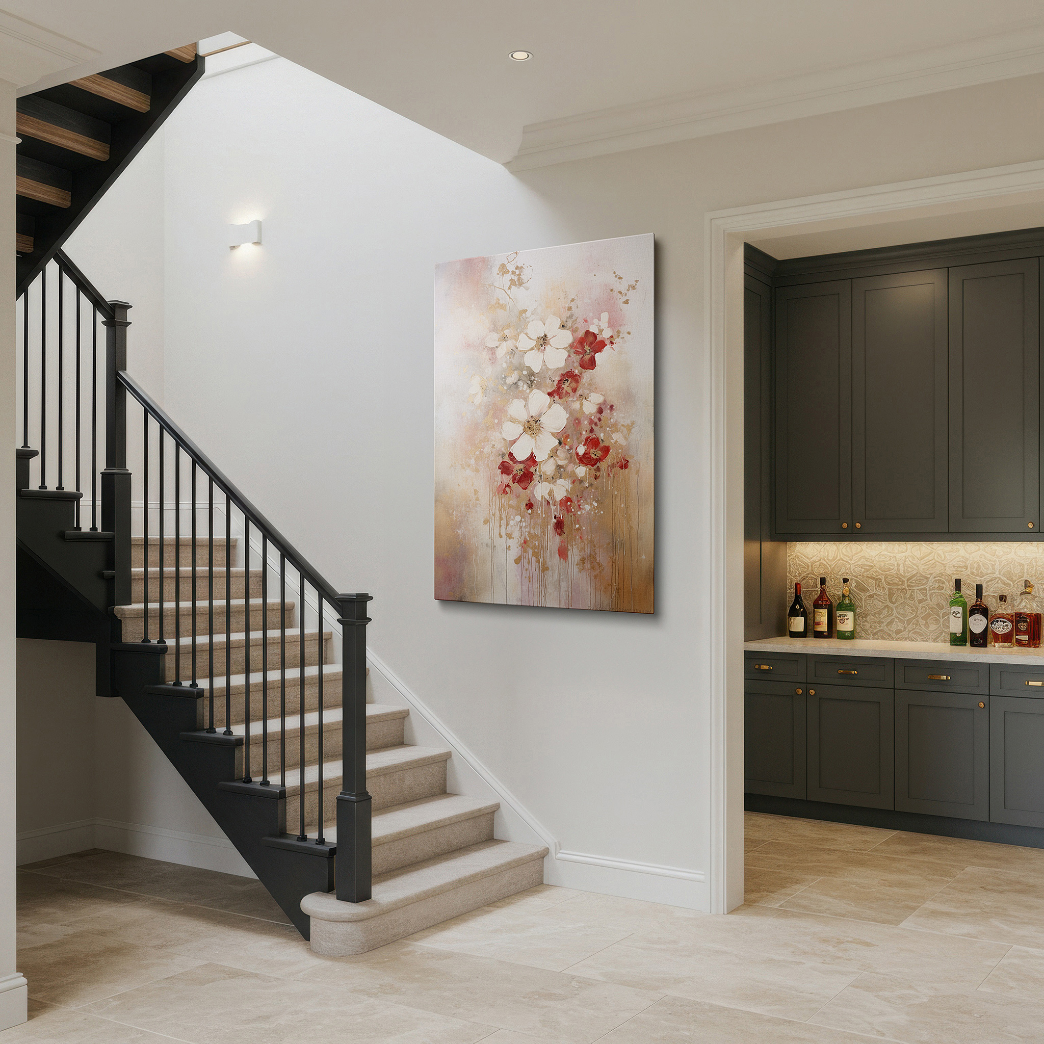 At 60×40 cm, this format fits effortlessly over dressers or benches — serene floral canvas featuring delicate blossoms and subtle gold highlights, large wall art, canvas wall art, wall decor for office and bedroom
