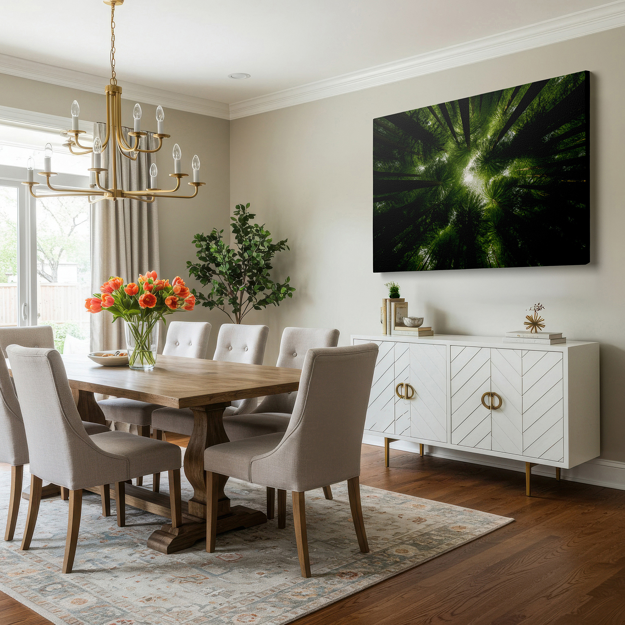 At 60×40 cm, this format fits effortlessly over dressers or benches — serene forest canopy: tranquil views of lush greenery and radiant skies - large canvas wall art for home and office decor