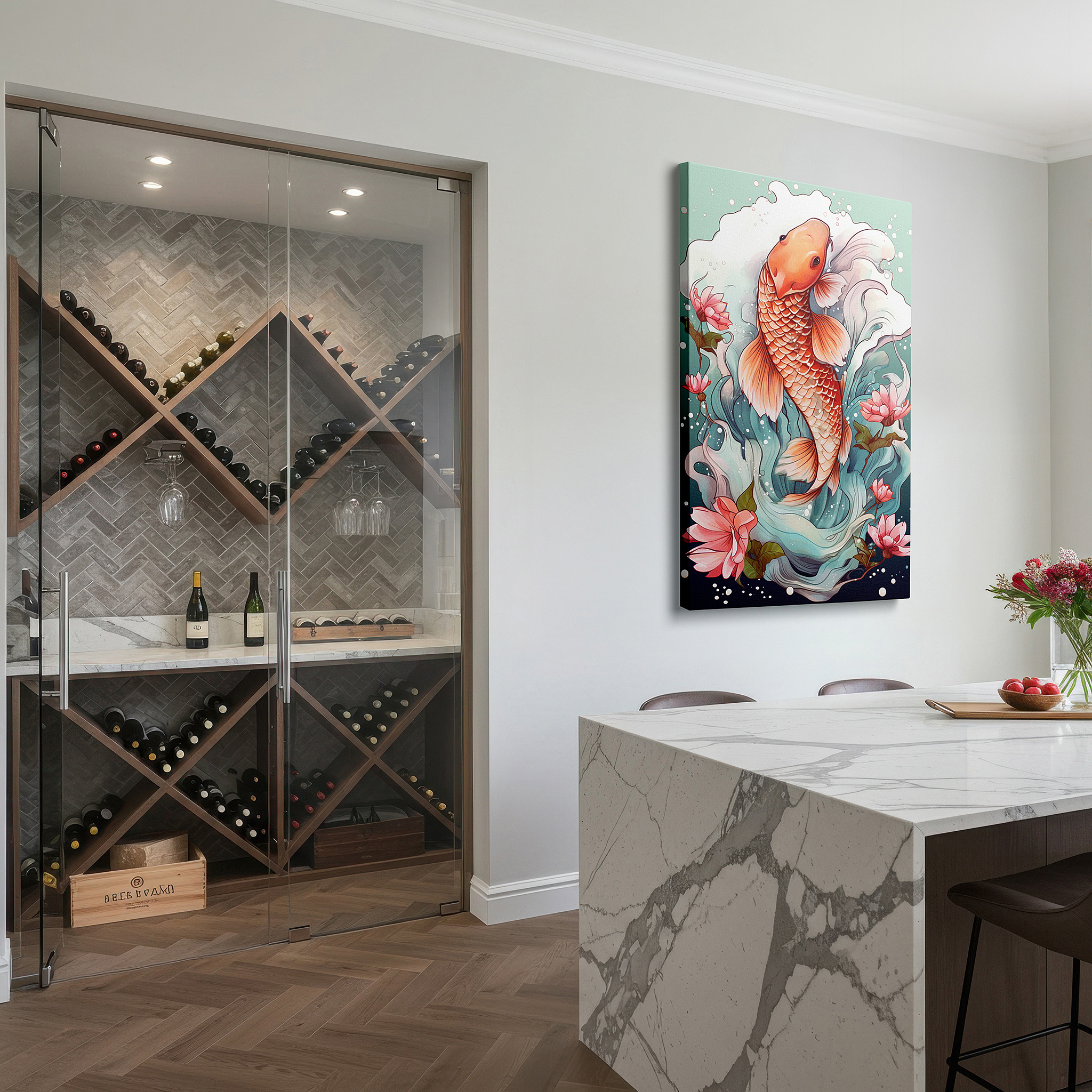 At 60×40 cm, this format fits effortlessly over dressers or benches — serene koi fish with swirling waters and delicate blossoms large canvas wall art for office and bedroom decor