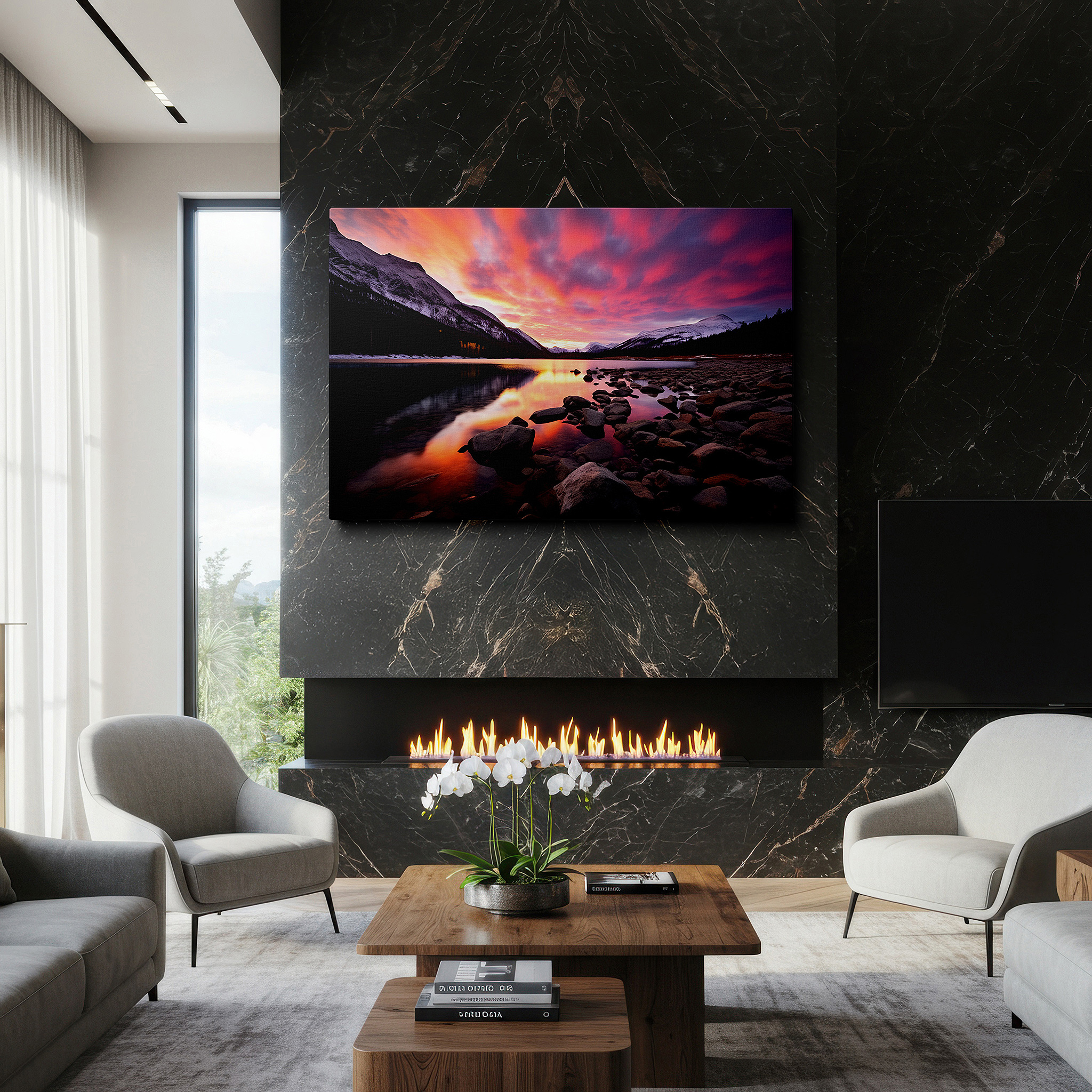 At 60×40 cm, this format fits effortlessly over dressers or benches — serene lake and vibrant sunset reflections with majestic mountains large wall art, canvas wall art, wall decor for office and bedroom