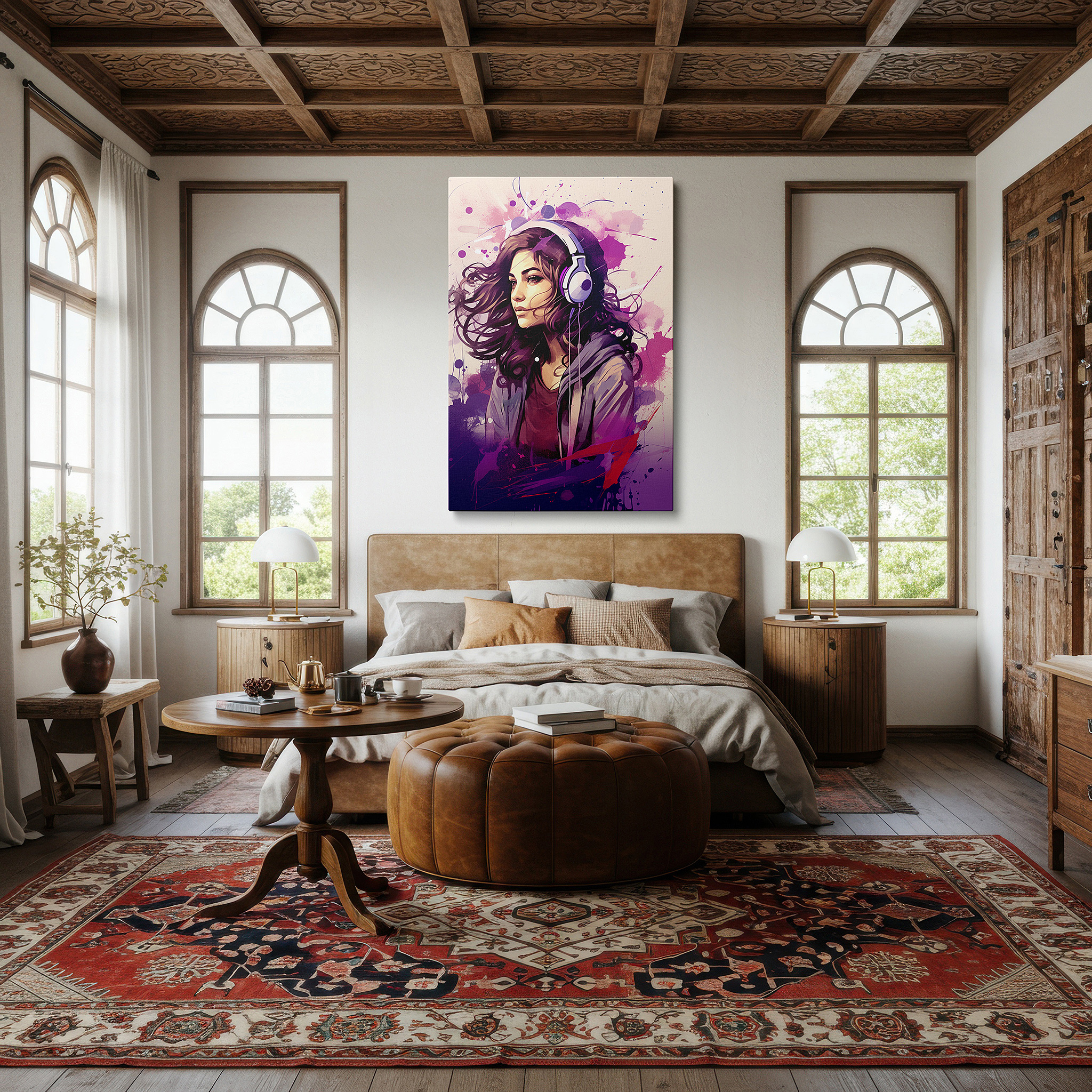 At 60×40 cm, this format fits effortlessly over dressers or benches — serene melodies: a young woman's peaceful musical journey - large canvas wall art for bedrooms and offices