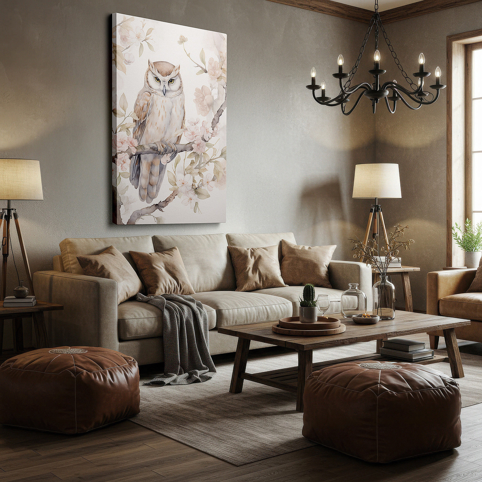 At 60×40 cm, this format fits effortlessly over dressers or benches — serene owl and cherry blossoms: embracing the transience of beauty - large canvas wall art for office and bedroom decor