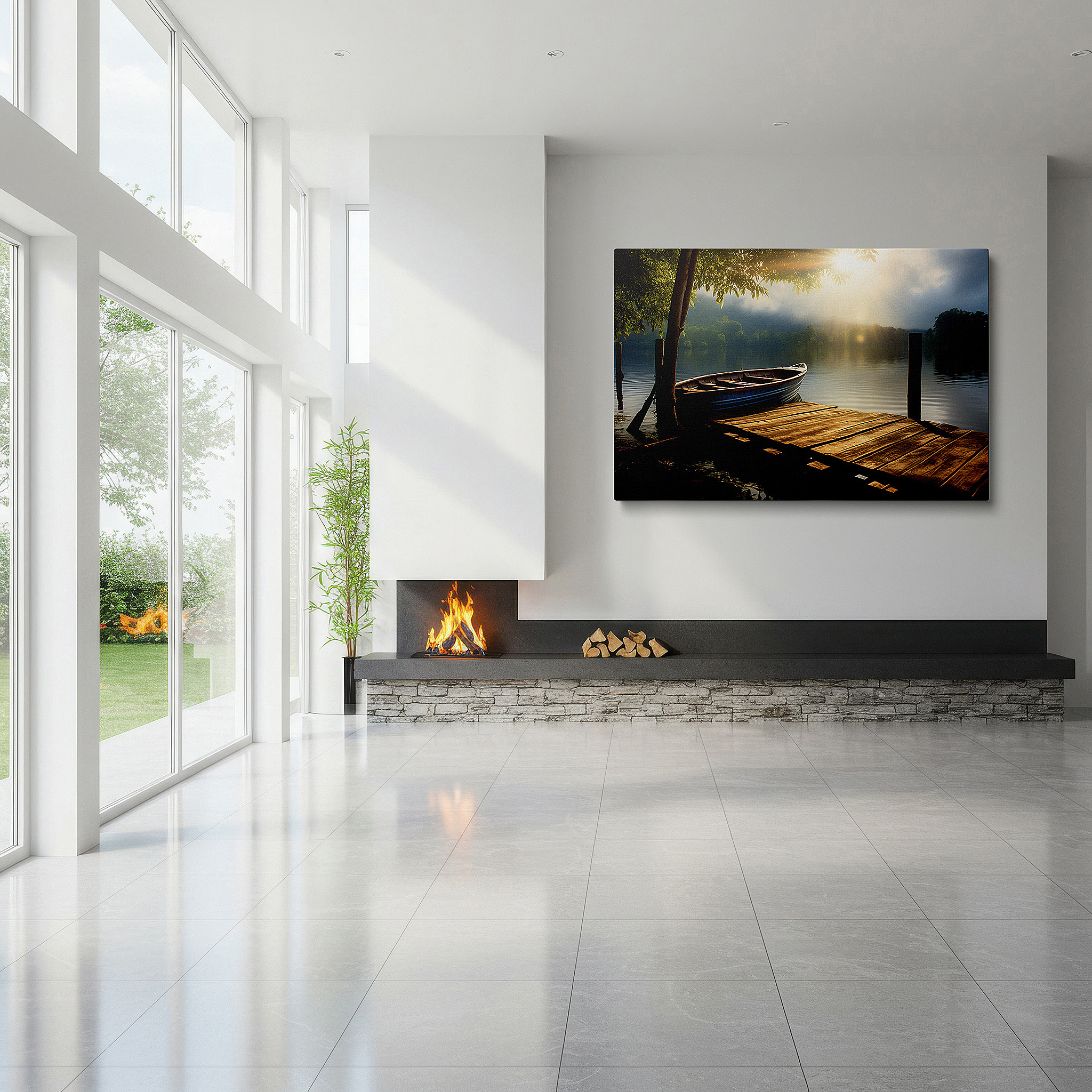 At 60×40 cm, this format fits effortlessly over dressers or benches — serene sunrise over misty lake with weathered pier and wooden boat - large canvas wall art for office and bedroom decor