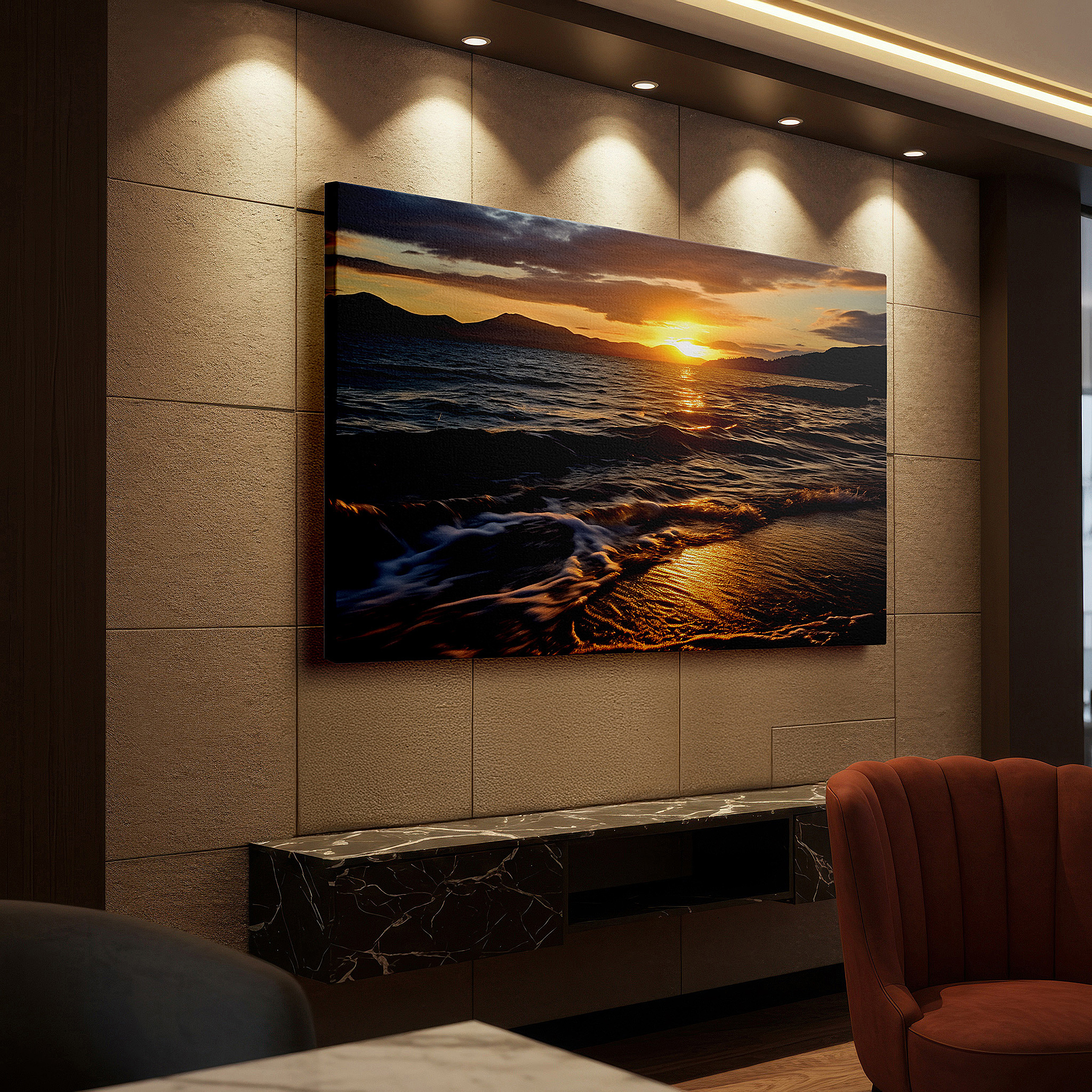 At 60×40 cm, this format fits effortlessly over dressers or benches — serene sunset and mountain guardians canvas print - tranquil ocean vista wall art for home and office decor, perfect for living room and bedroom