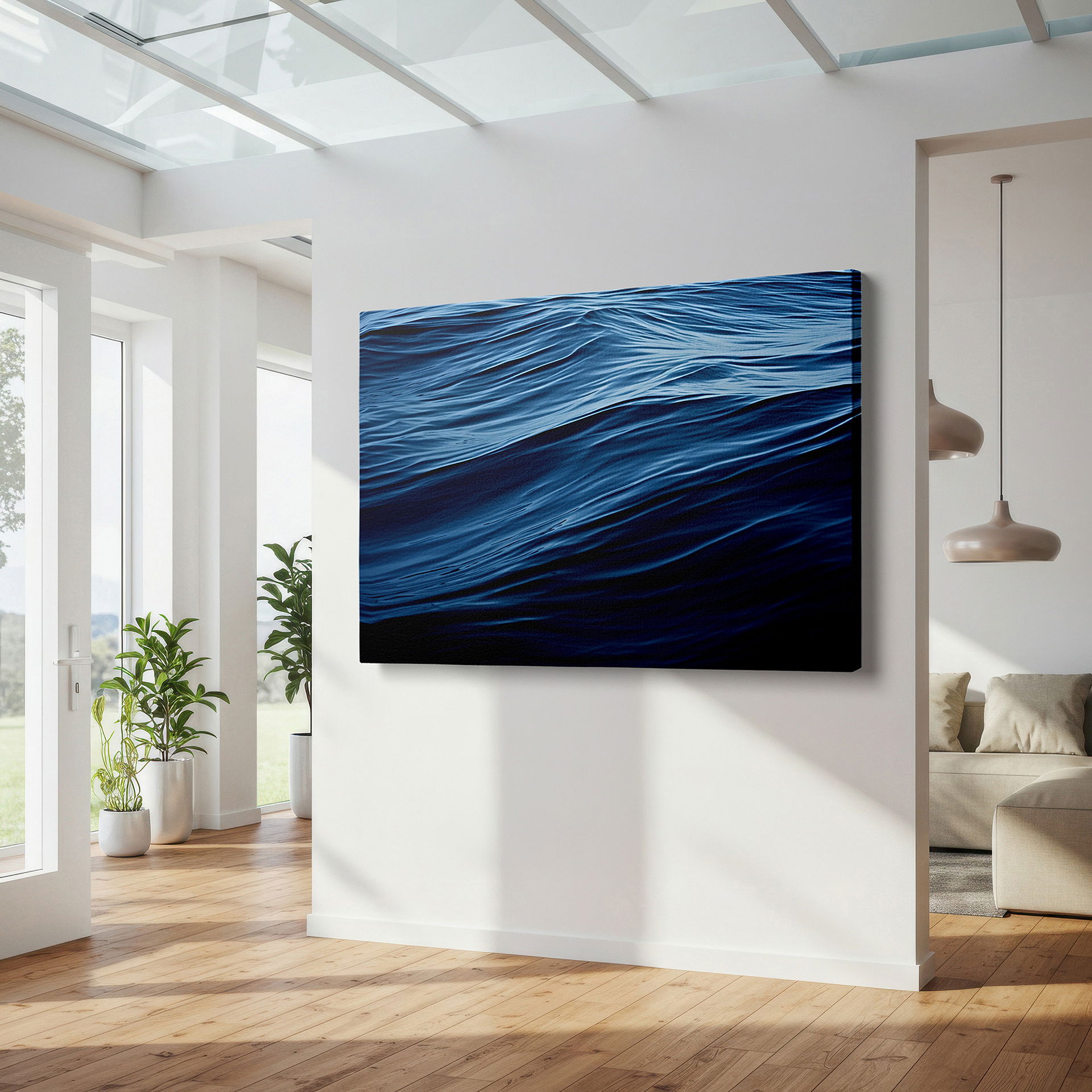 At 60×40 cm, this format fits effortlessly over dressers or benches — serene waters and sky reflections: a tranquil display of light and color - large canvas wall art for office and bedroom decor
