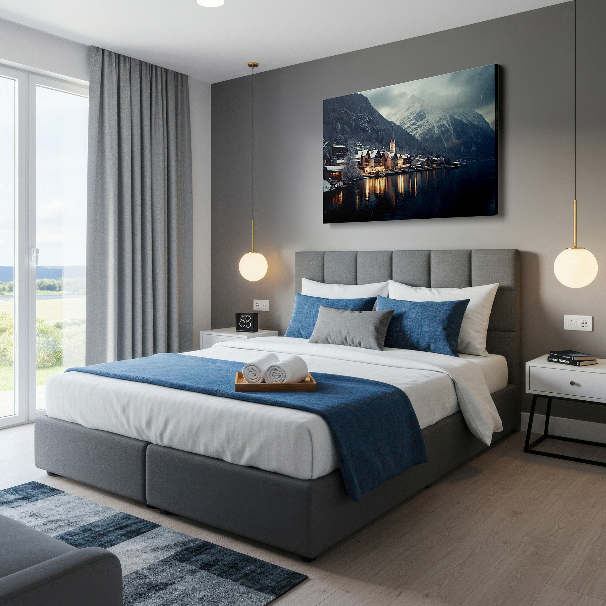 At 60×40 cm, this format fits effortlessly over dressers or benches — serene winter village canvas wall art featuring snow-capped mountains, twilight sky, and lake reflection - ideal for office wall decor