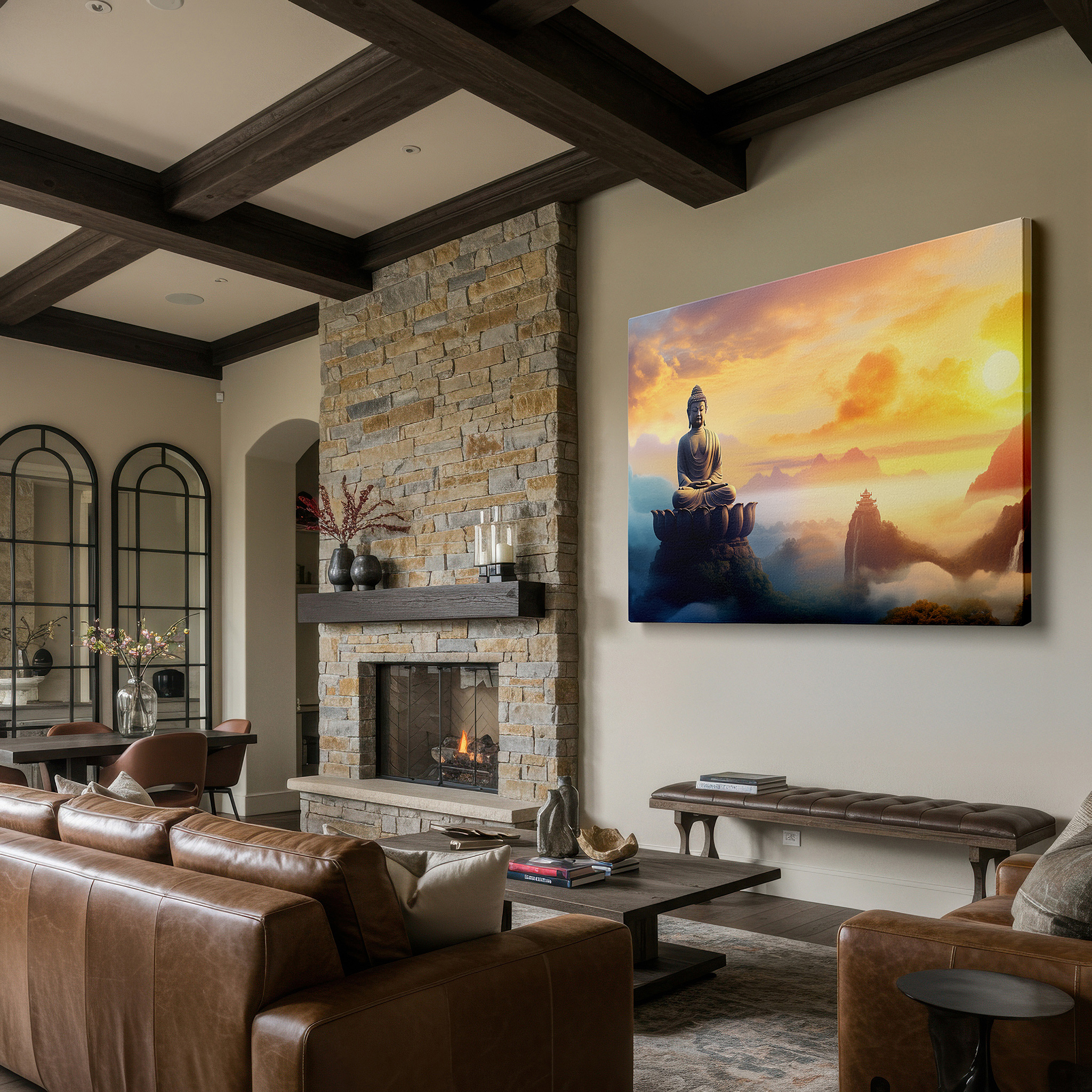 At 60×40 cm, this format fits effortlessly over dressers or benches — serenity and majesty - buddha at dawn amidst misty mountains: large canvas wall art for office, bedroom, and living room decor