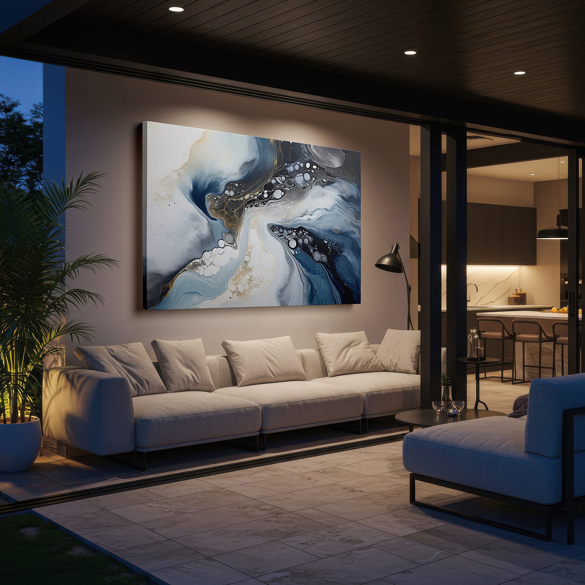 At 60×40 cm, this format fits effortlessly over dressers or benches — soft blues, whites, and golds in serene circles: tranquil abstract harmony large wall art, canvas wall art, wall decor for office and bedroom